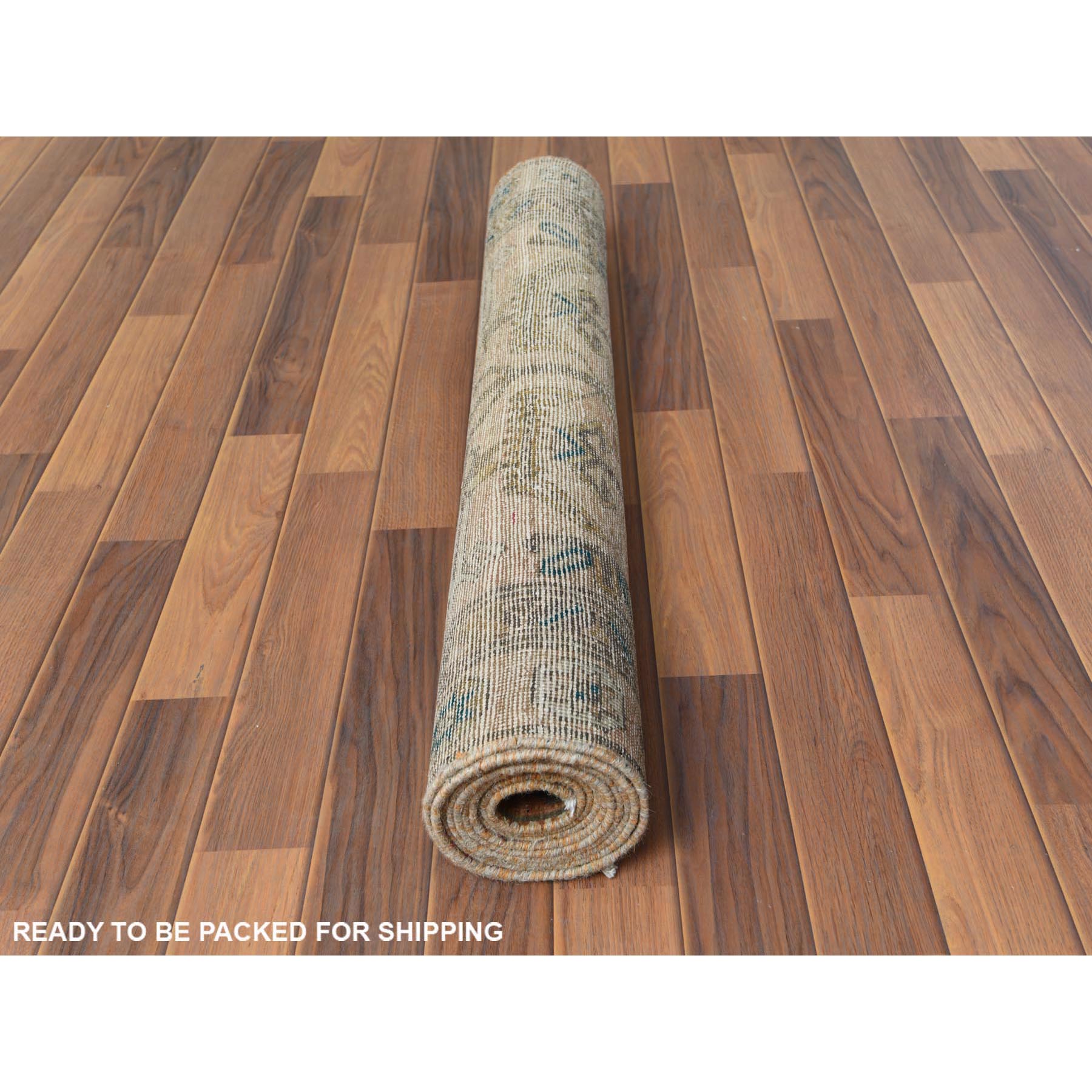 3'4"x10'8" Semi Antique Apricot And Peach Colors Persian Tabriz Abrash Worn Down Distressed Hand Knotted Organic Wool Oriental Runner Rug Sh60514