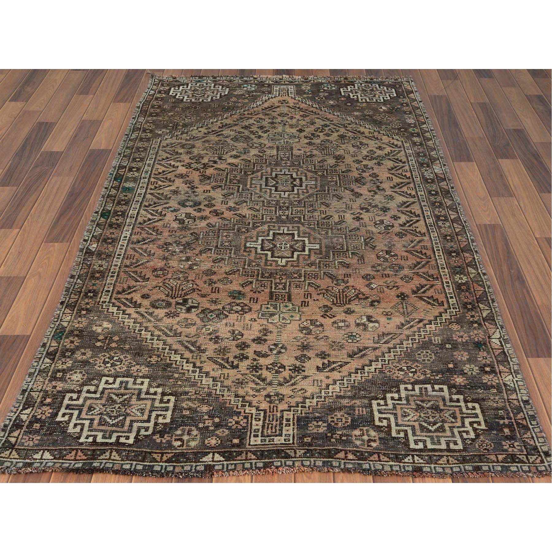4'4"x7'5" Semi Antique Brown Persian Shiraz Clean Abrash Hand Knotted Soft Natural Wool Oriental Rug Sh60551