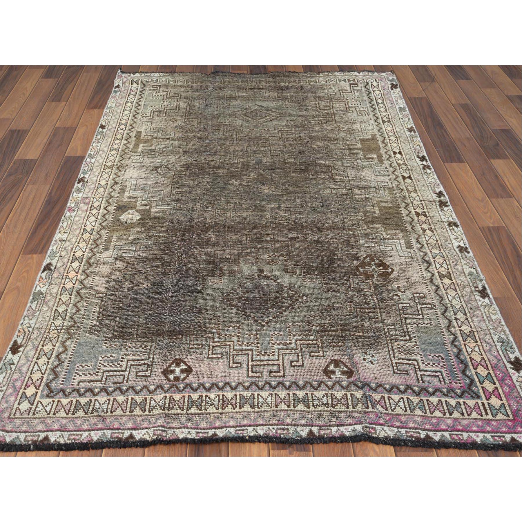 4'5"x7'2" Semi Antique Beige Persian Shiraz Worn Down Clean Distressed Hand Knotted Organic Wool Oriental Rug Sh60553