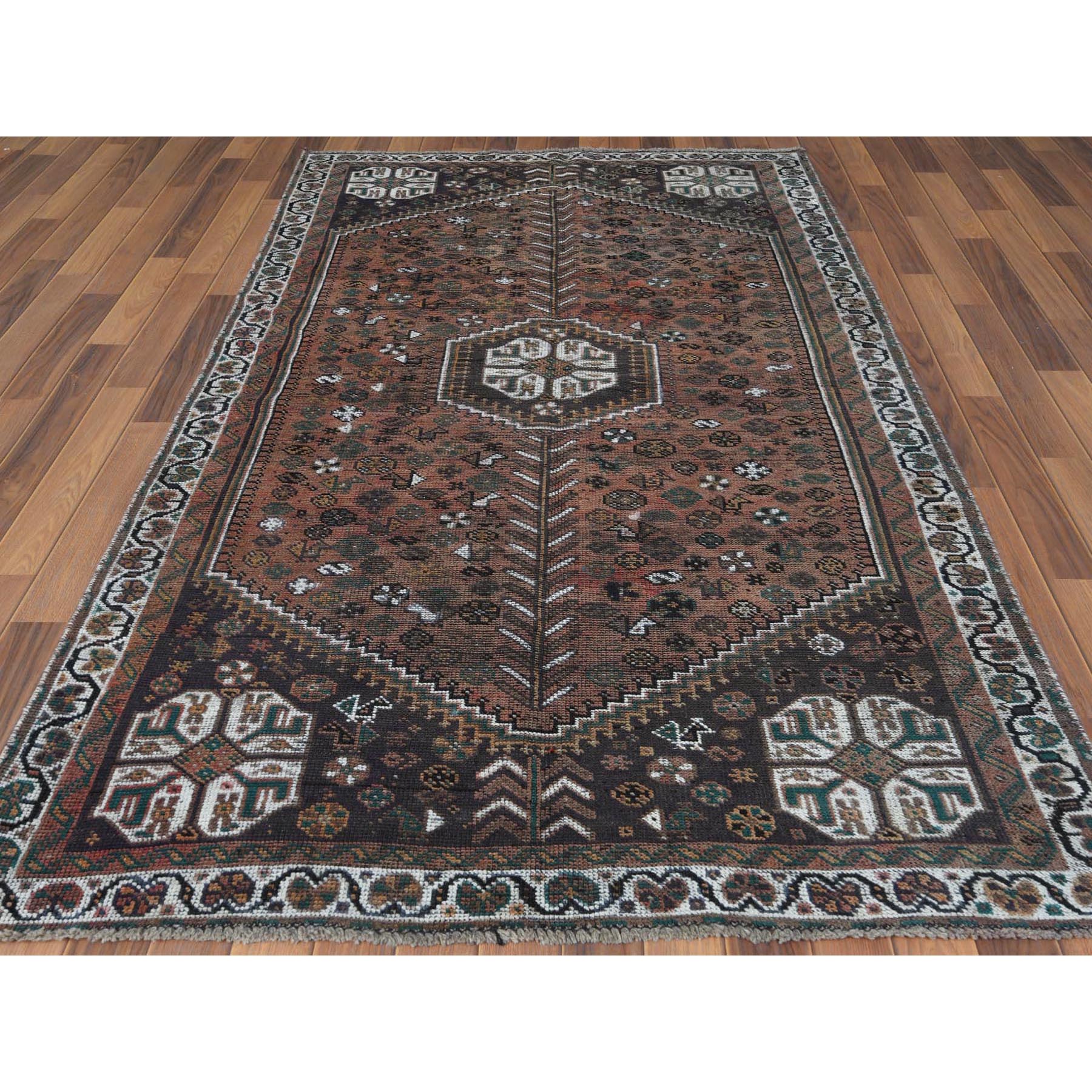 4'8"x8'2" Semi Antique Deep Red Persian Shiraz Clean Hand Knotted Natural Wool Oriental Rug Sh60592