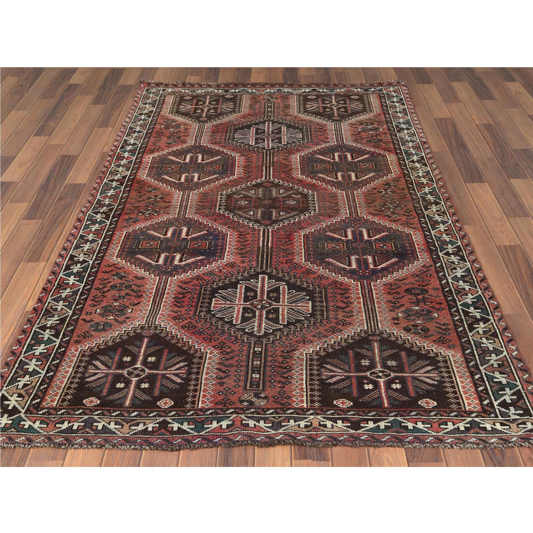 4'9"x7'8" Vintage Red Persian Qashqai Cropped Thin Pile Clean Hand Knotted Natural Wool Oriental Rug Sh60615