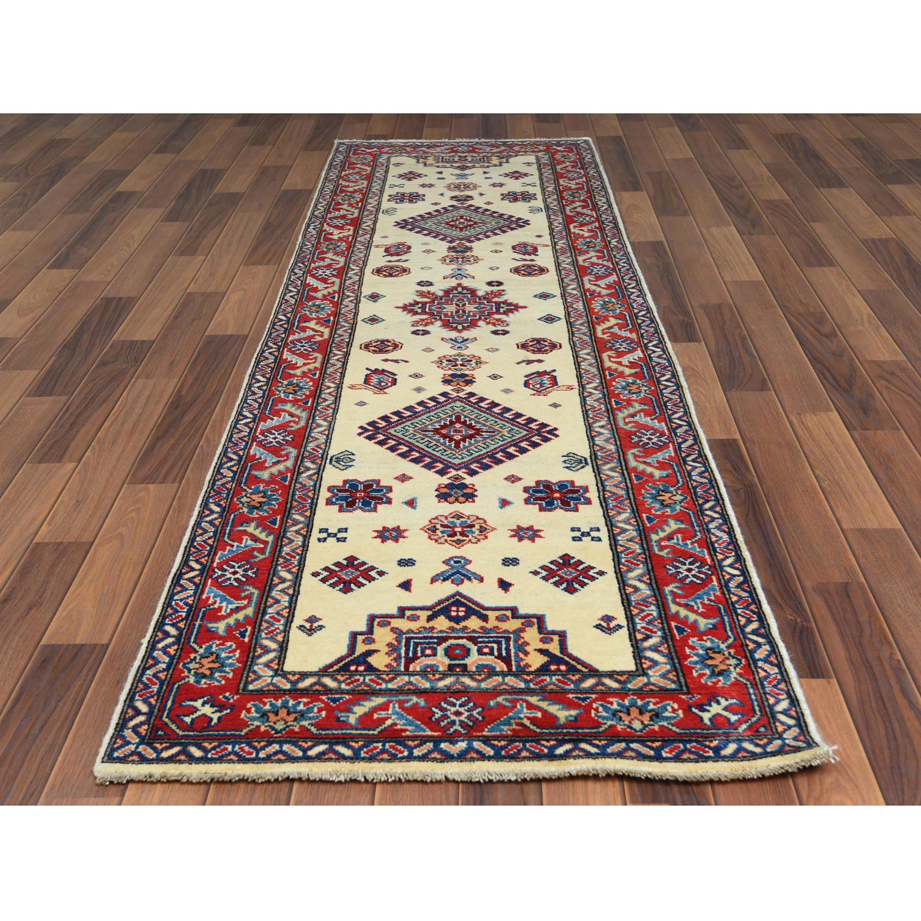 2'8"x9'8" Ivory Geometric Design Special Kazak Hand Knotted Pure Wool Oriental Runner Rug Sh60725