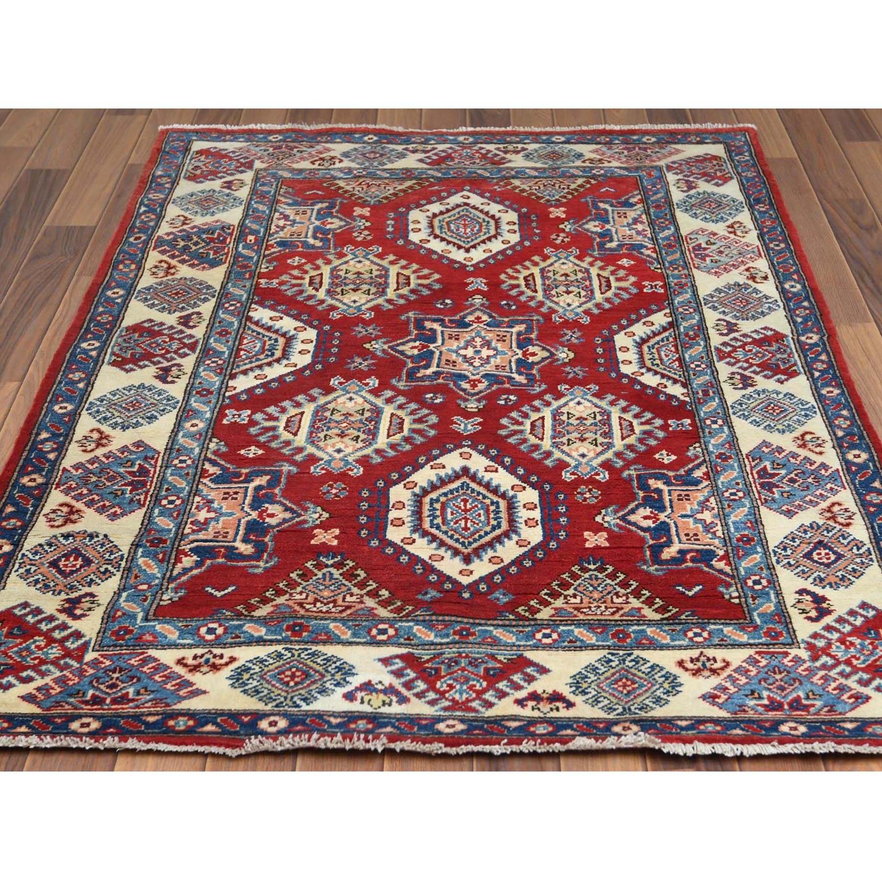 4'x5'9" Red Caucasian Design Special Kazak Hand Knotted Natural Wool Oriental Rug Sh60741