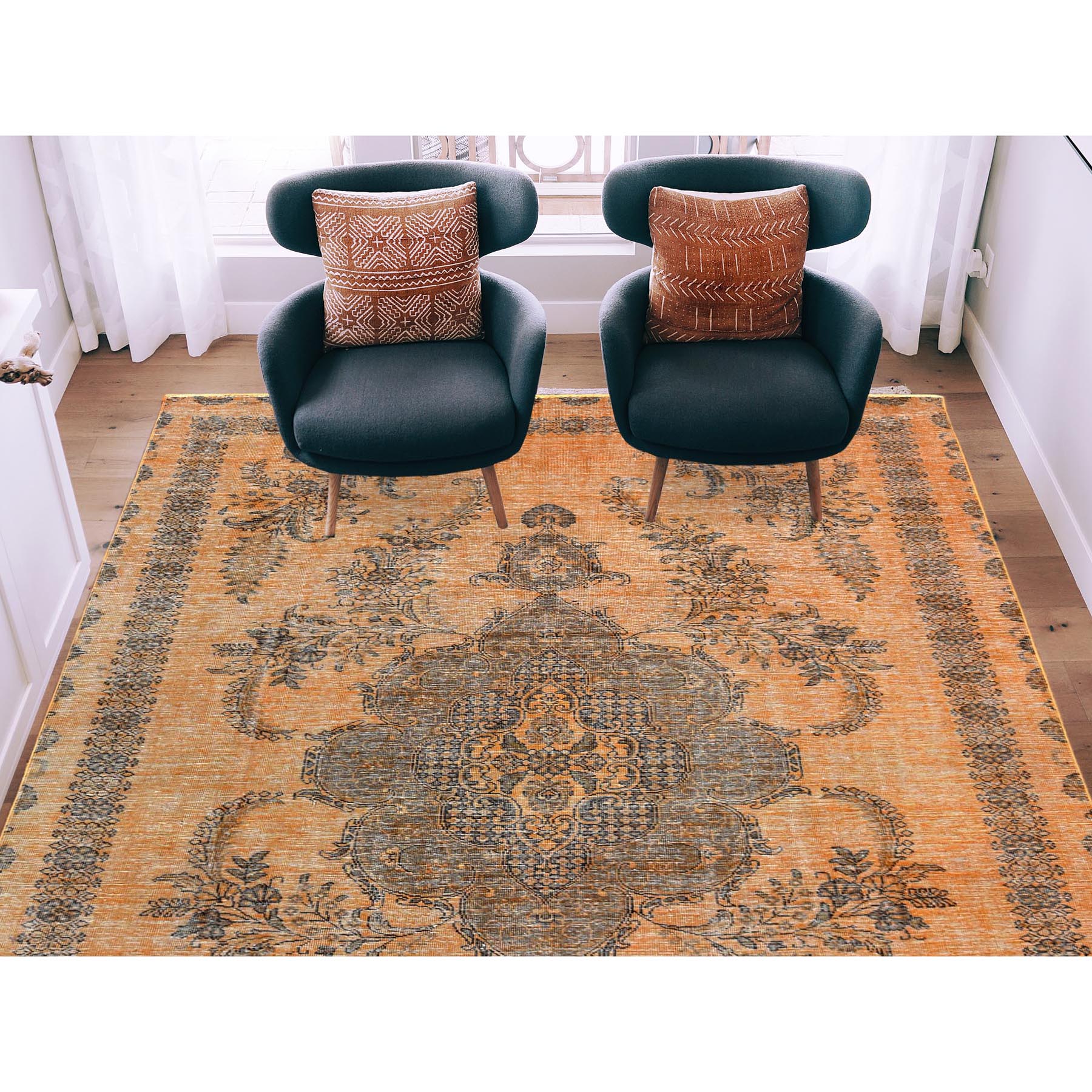 6'1"x9'6" Semi Antique Orange Cast Persian Tabriz with Open Field Design Hand Knotted Distressed Look Clean Organic Wool Oriental Rug Sh60907