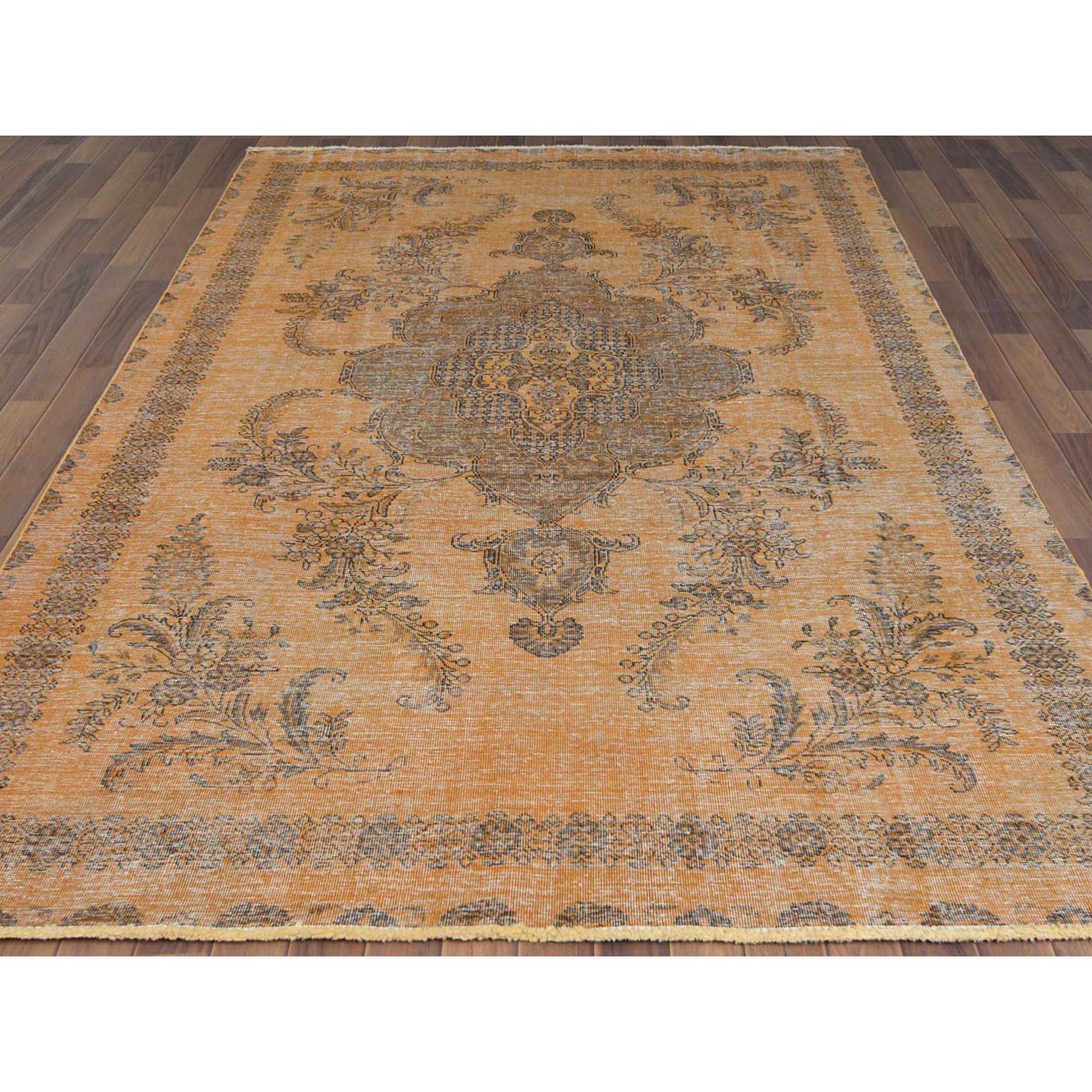 6'1"x9'6" Semi Antique Orange Cast Persian Tabriz with Open Field Design Hand Knotted Distressed Look Clean Organic Wool Oriental Rug Sh60907