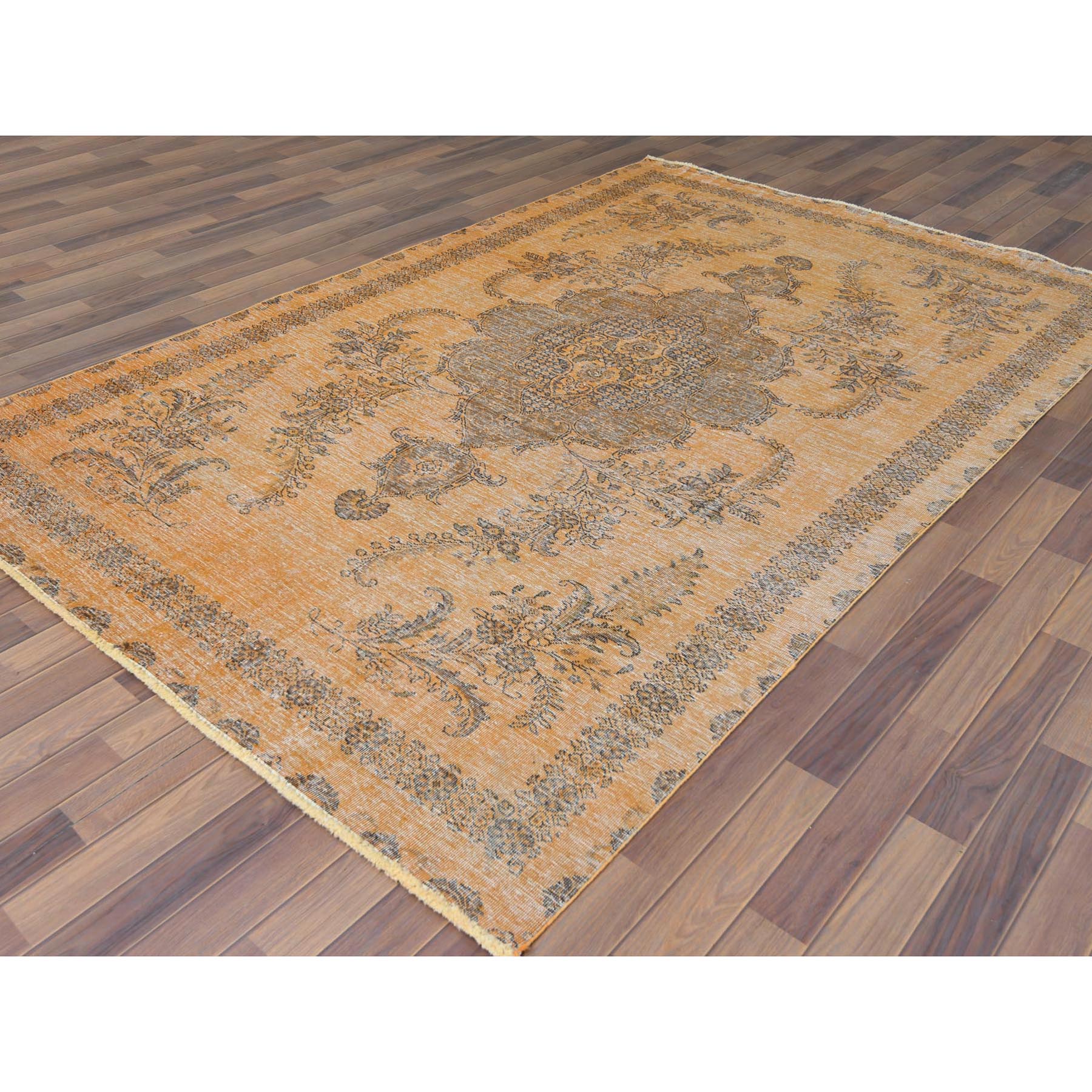 6'1"x9'6" Semi Antique Orange Cast Persian Tabriz with Open Field Design Hand Knotted Distressed Look Clean Organic Wool Oriental Rug Sh60907