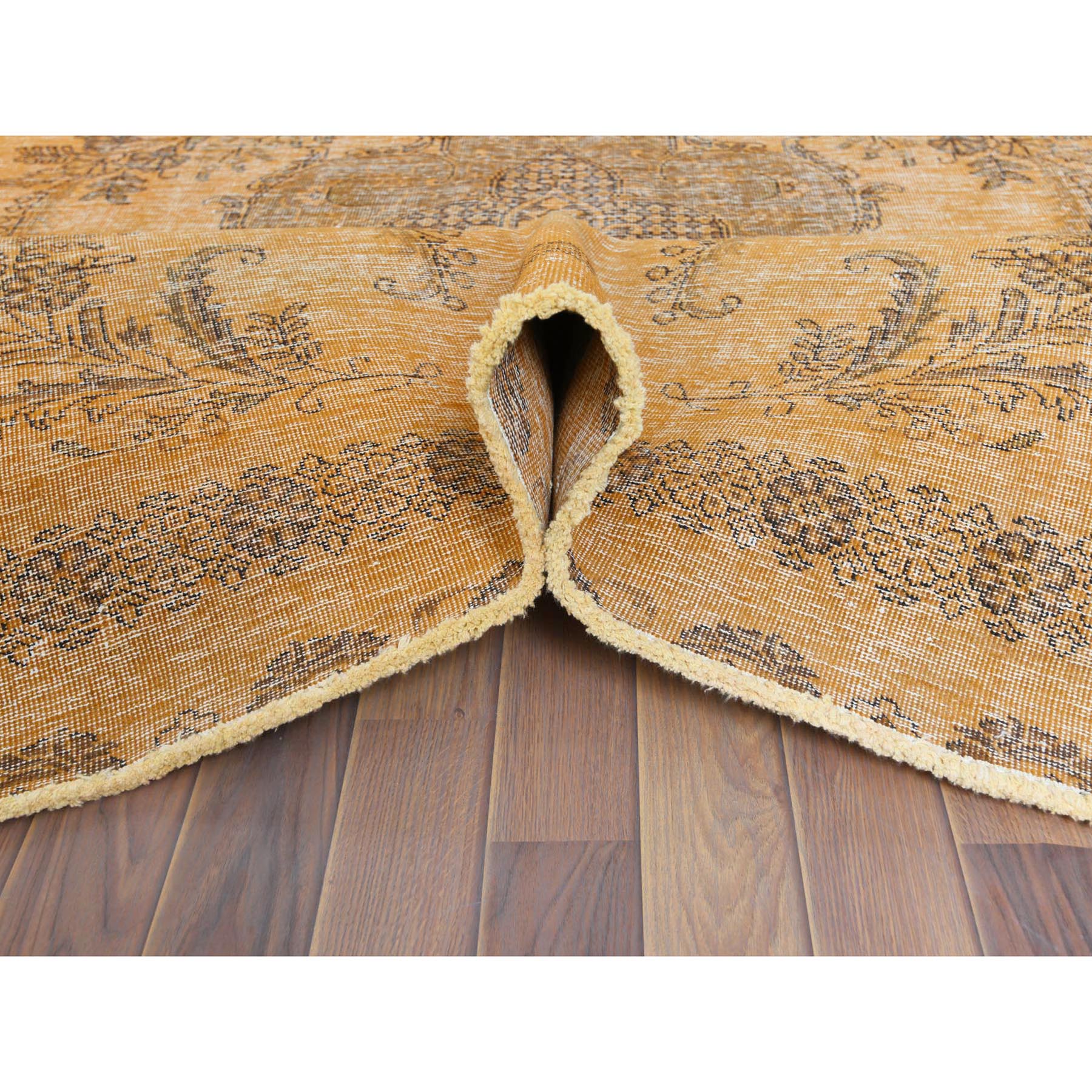 6'1"x9'6" Semi Antique Orange Cast Persian Tabriz with Open Field Design Hand Knotted Distressed Look Clean Organic Wool Oriental Rug Sh60907