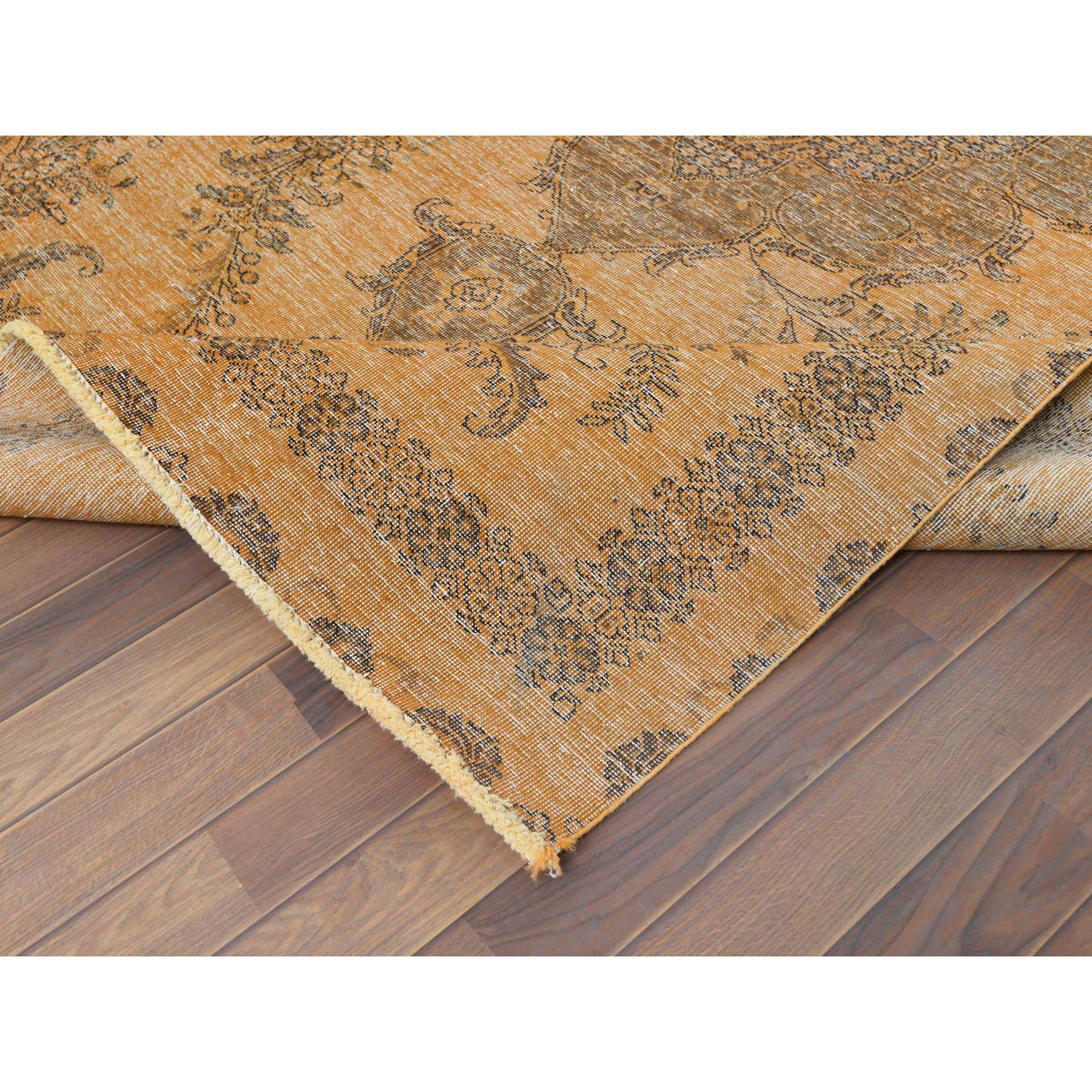 6'1"x9'6" Semi Antique Orange Cast Persian Tabriz with Open Field Design Hand Knotted Distressed Look Clean Organic Wool Oriental Rug Sh60907