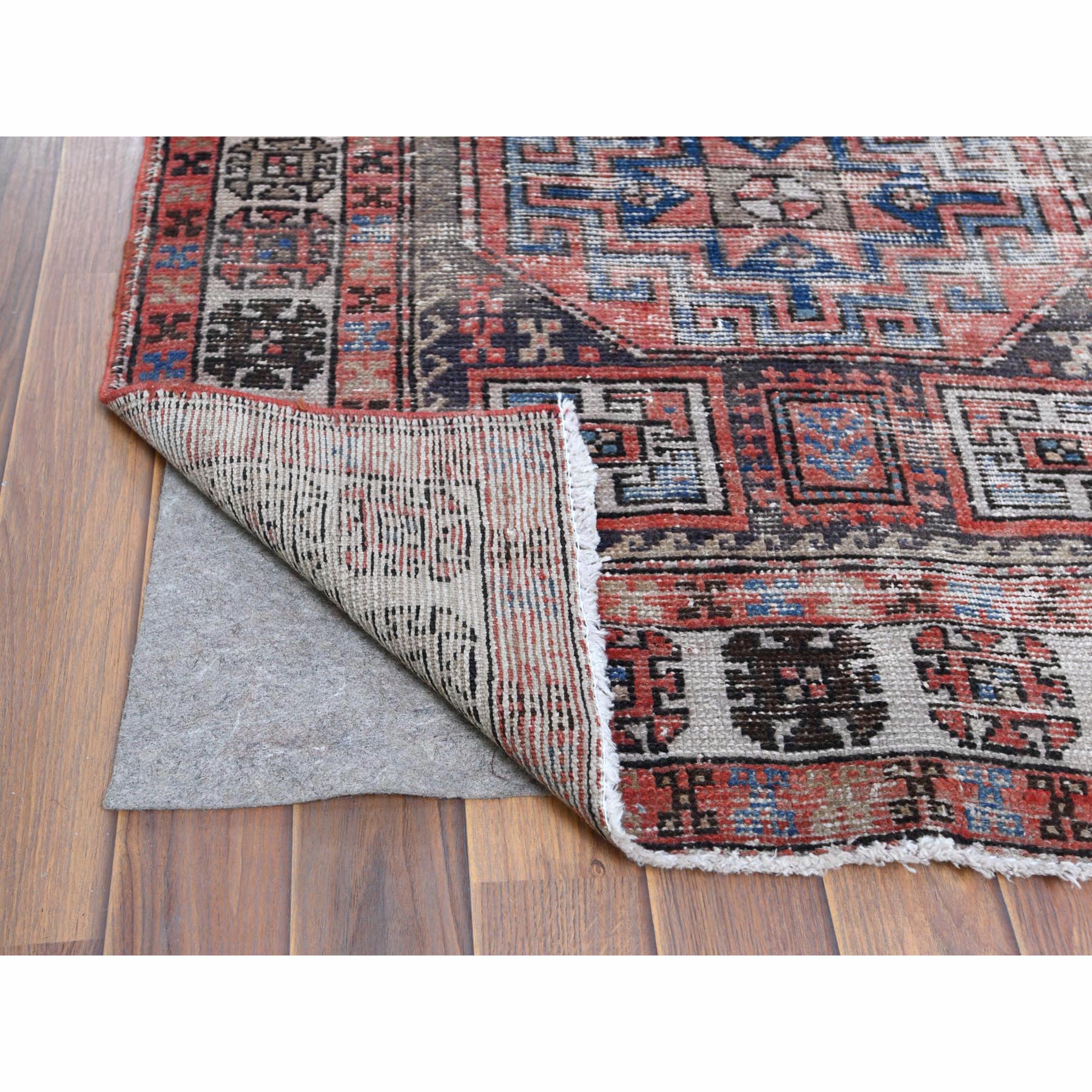 3'2"x9'5" Vintage Red Northwest Persian Distressed Pure Wool Hand Knotted Clean Oriental Runner Rug Sh60946