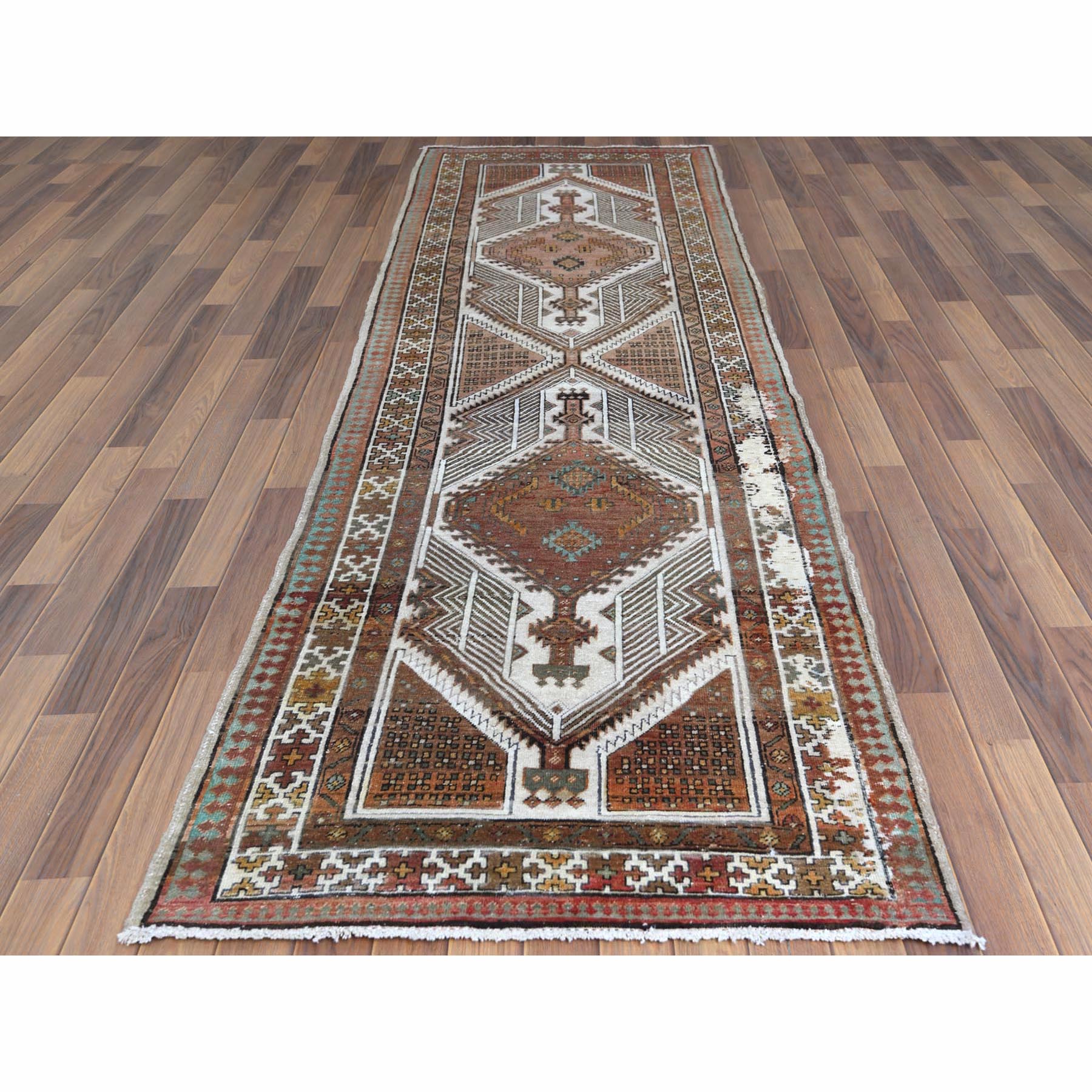 3'5"x9'7" Vintage Sheared Low Areas of Wear Hand Knotted Clean Pure Wool Persian Serab Terracotta Red Oriental Wide Runner Rug sh60982