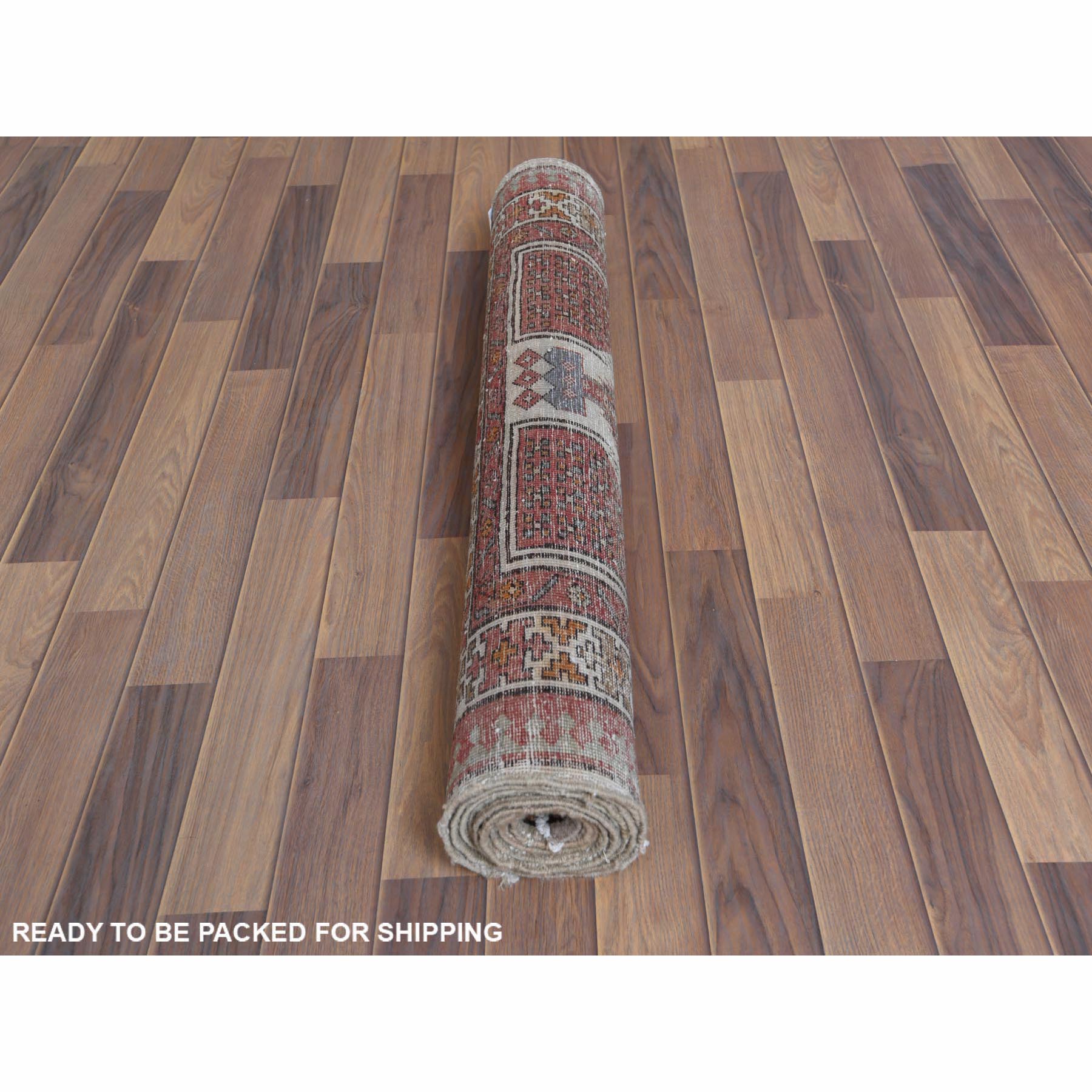 3'5"x9'7" Vintage Sheared Low Areas of Wear Hand Knotted Clean Pure Wool Persian Serab Terracotta Red Oriental Wide Runner Rug sh60982