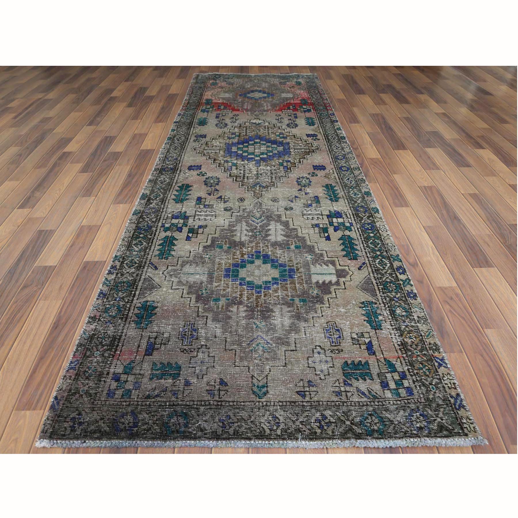3'8"x11'2" Semi Antique Worn Down Persian Hamadan with Earth Tone Colors Clean Abrash Organic Wool Distressed Hand Knotted Wide Runner Oriental Rug Sh61012