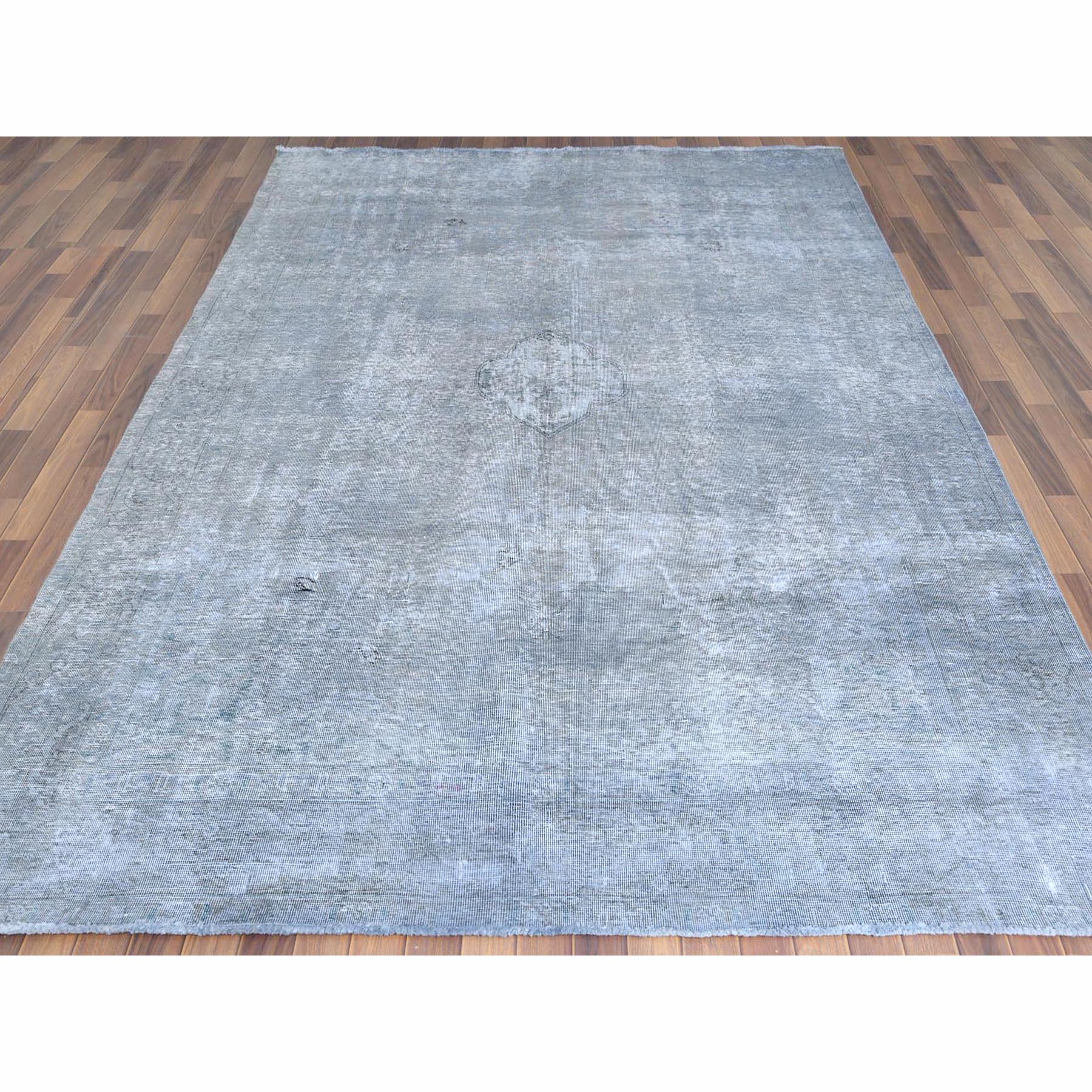 7'9"x11' Gray Worn Down Organic Wool Vintage Bohemian Distressed Hand Knotted Persian Tabriz Silver Wash Oriental Rug sh61203