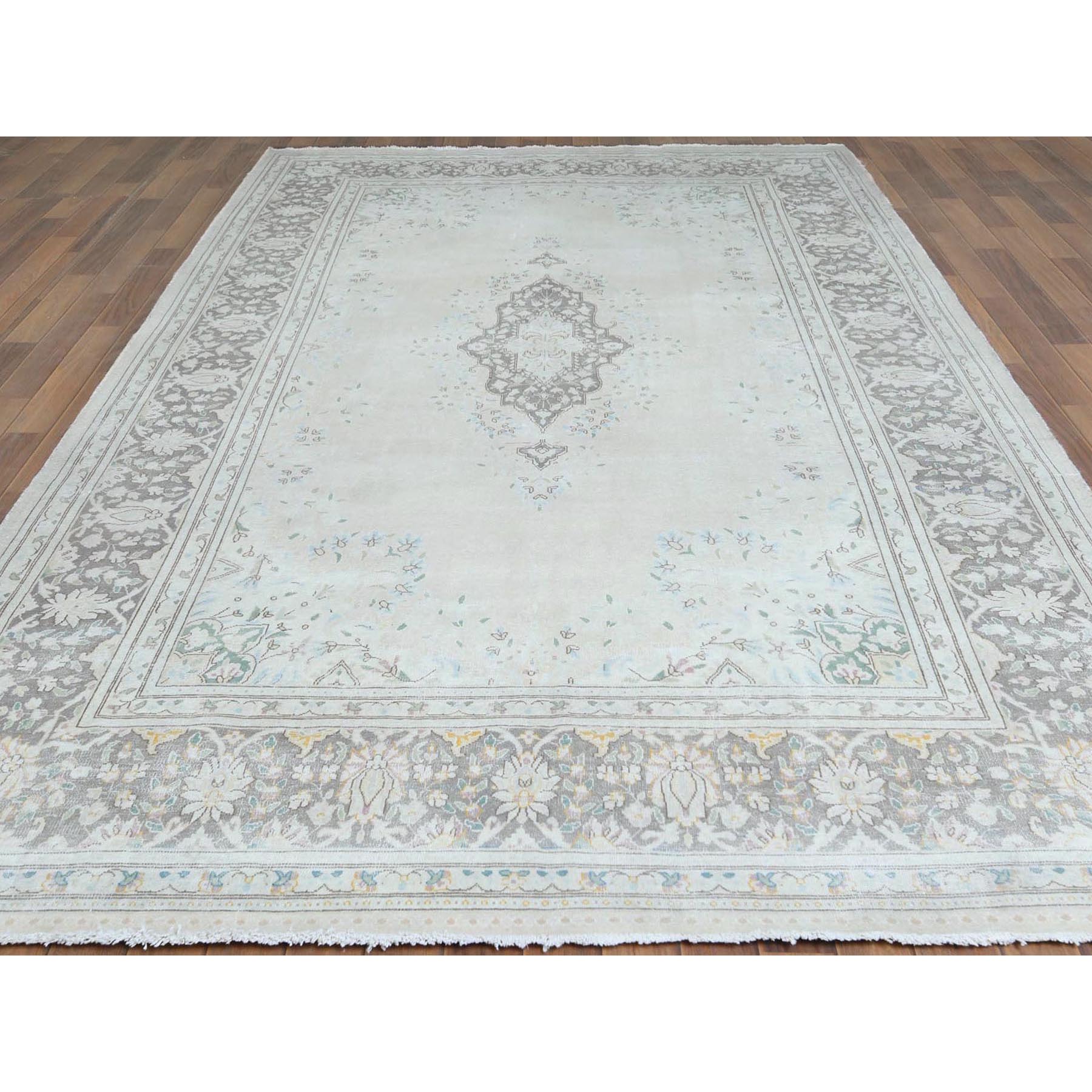 6'9"x10'10" Bohemian Distressed Hand Knotted Washed Out Gray Organic Wool Worn Down Clean Persian Kerman Old Oriental Rug Sh61338