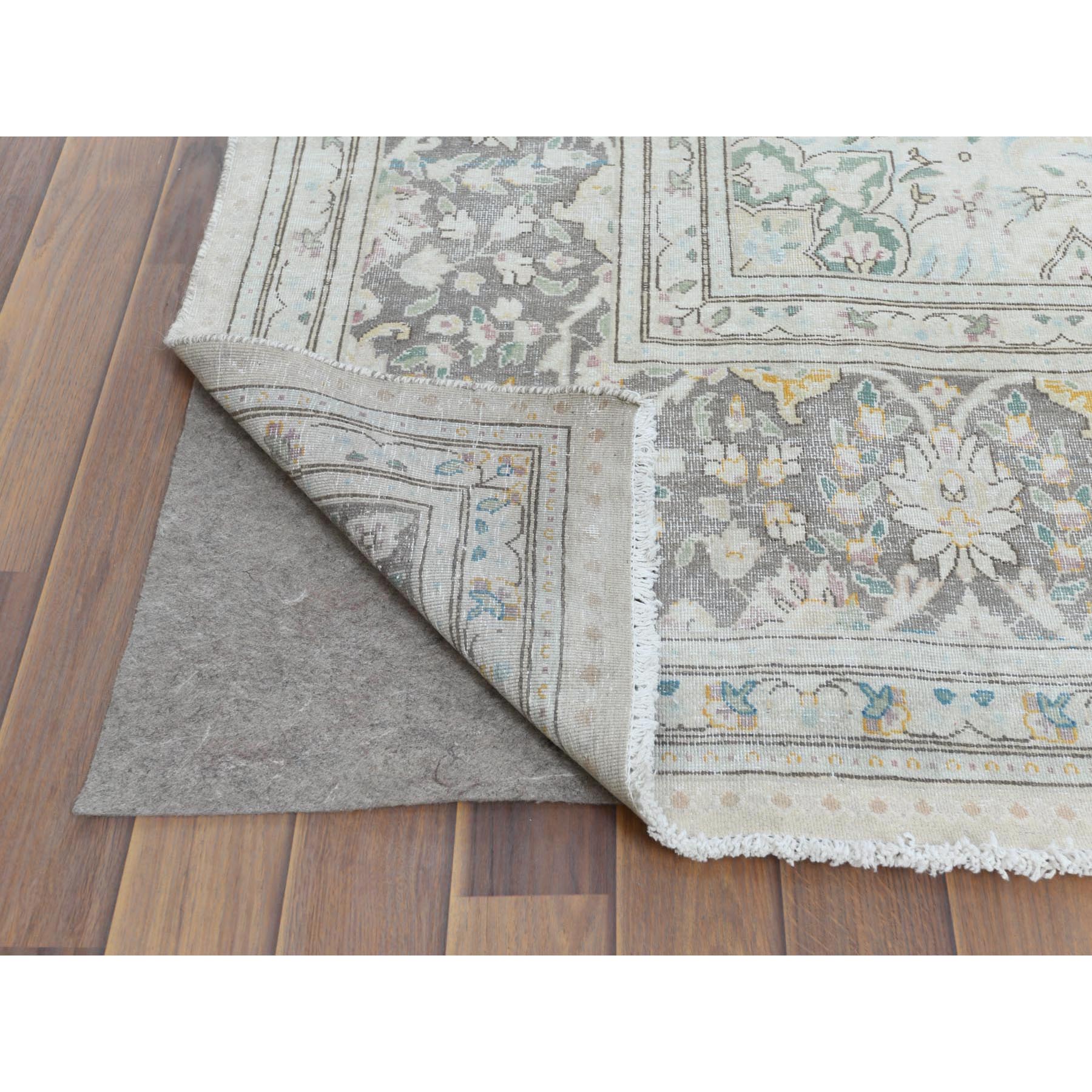 6'9"x10'10" Bohemian Distressed Hand Knotted Washed Out Gray Organic Wool Worn Down Clean Persian Kerman Old Oriental Rug Sh61338