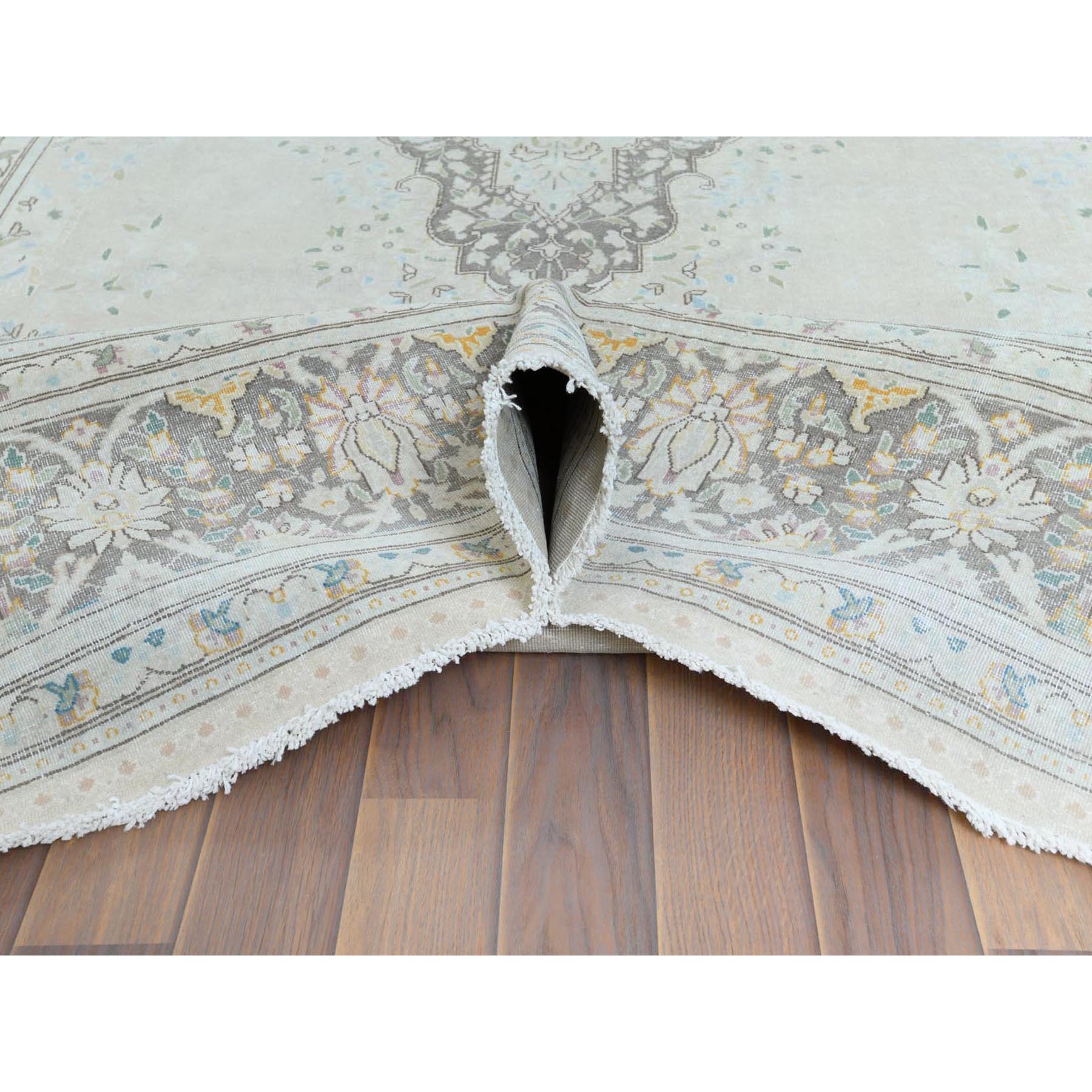 6'9"x10'10" Bohemian Distressed Hand Knotted Washed Out Gray Organic Wool Worn Down Clean Persian Kerman Old Oriental Rug Sh61338