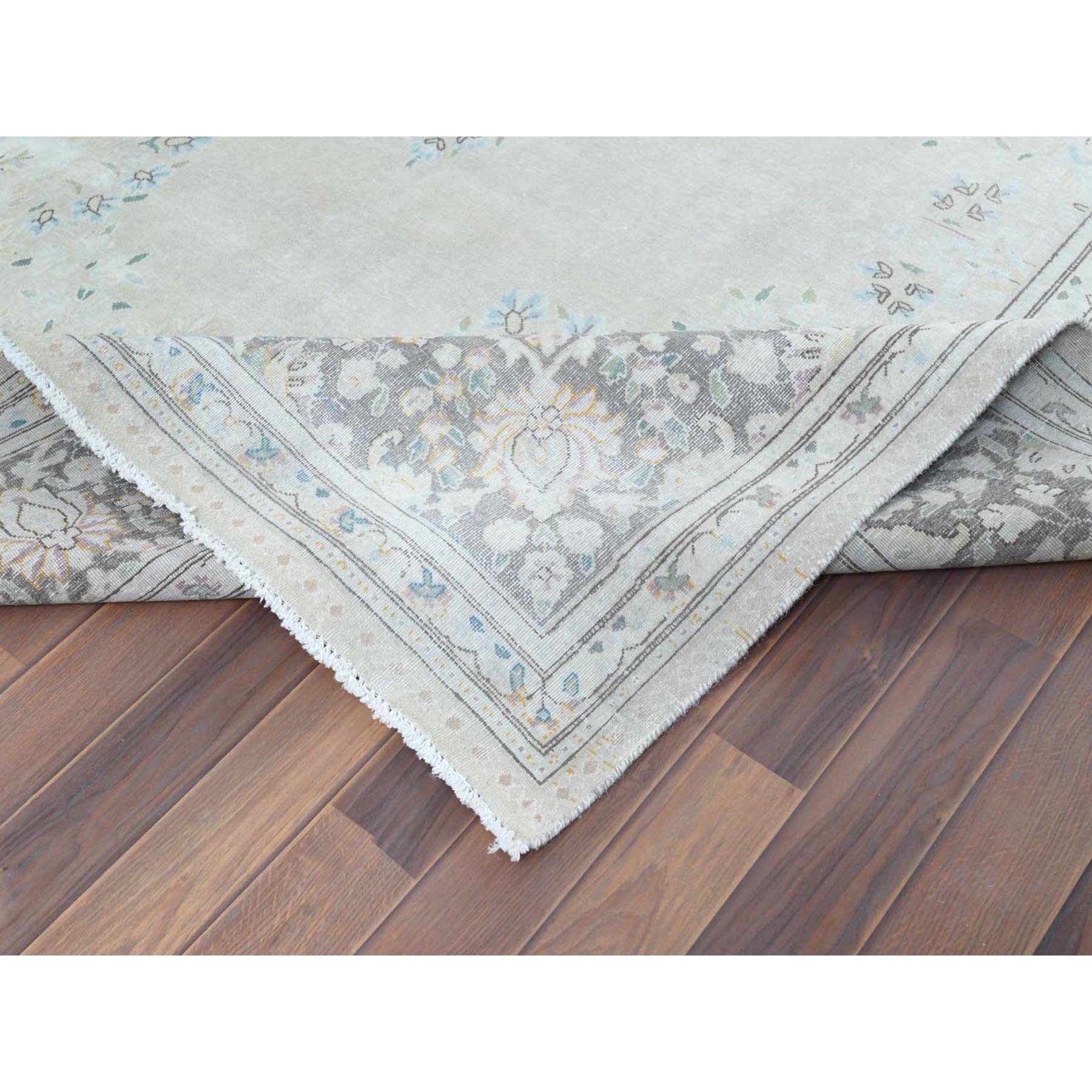 6'9"x10'10" Bohemian Distressed Hand Knotted Washed Out Gray Organic Wool Worn Down Clean Persian Kerman Old Oriental Rug Sh61338