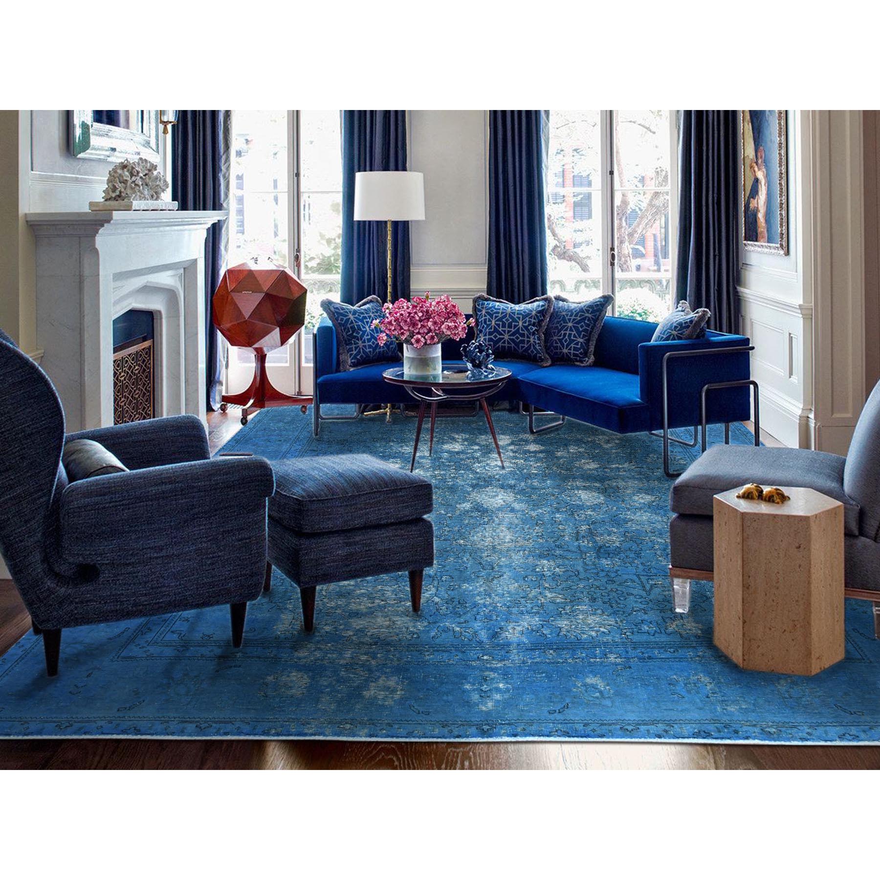 9'8"x10'10" Blue Vintage Overdyed Persian Tabriz Distressed Worn Wool Shaved Down Hand Knotted Squarish Oriental Rug Sh61487