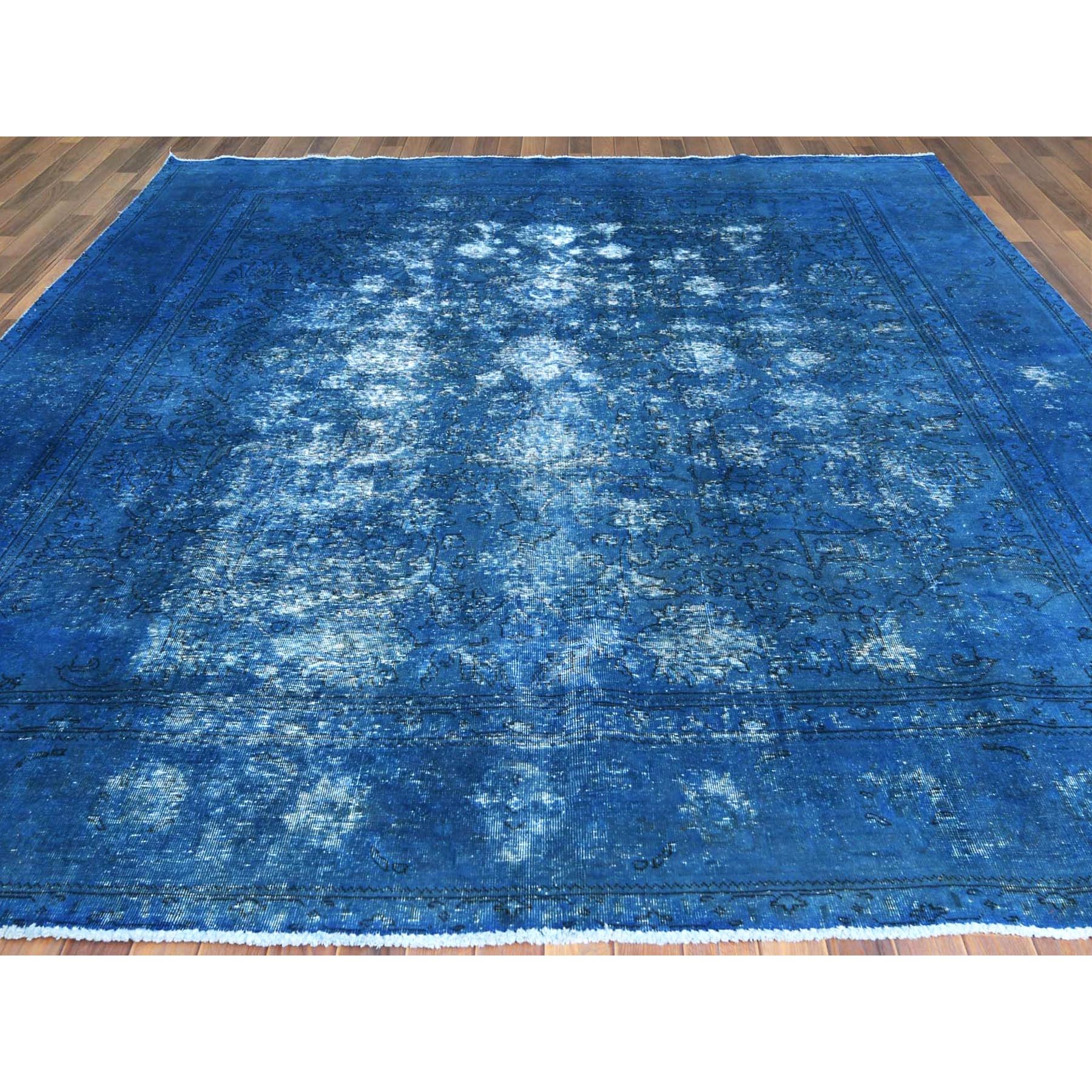 9'8"x10'10" Blue Vintage Overdyed Persian Tabriz Distressed Worn Wool Shaved Down Hand Knotted Squarish Oriental Rug Sh61487