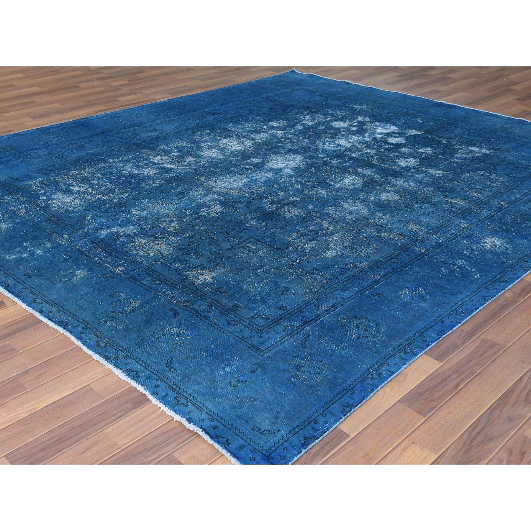 9'8"x10'10" Blue Vintage Overdyed Persian Tabriz Distressed Worn Wool Shaved Down Hand Knotted Squarish Oriental Rug Sh61487