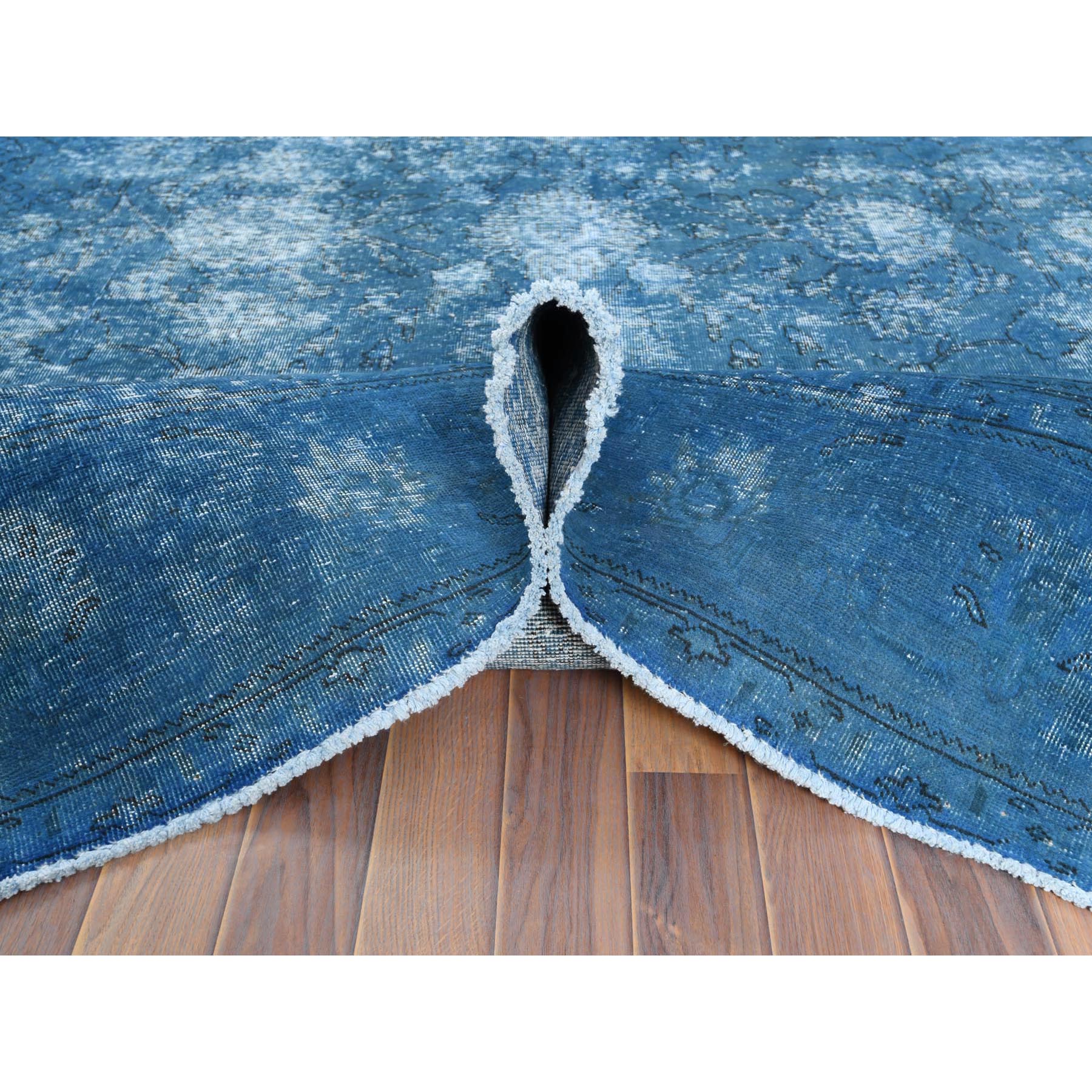 9'8"x10'10" Blue Vintage Overdyed Persian Tabriz Distressed Worn Wool Shaved Down Hand Knotted Squarish Oriental Rug Sh61487