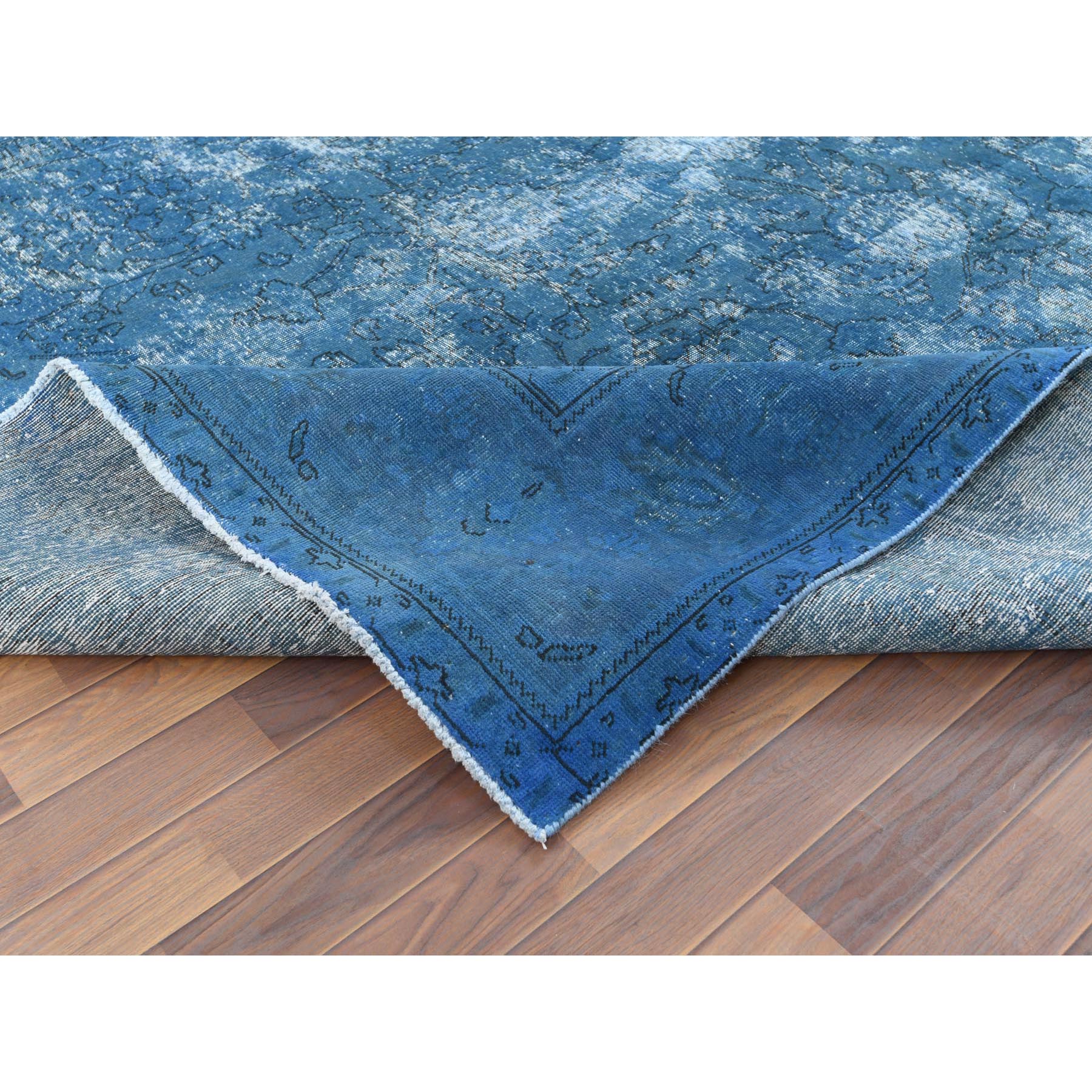 9'8"x10'10" Blue Vintage Overdyed Persian Tabriz Distressed Worn Wool Shaved Down Hand Knotted Squarish Oriental Rug Sh61487