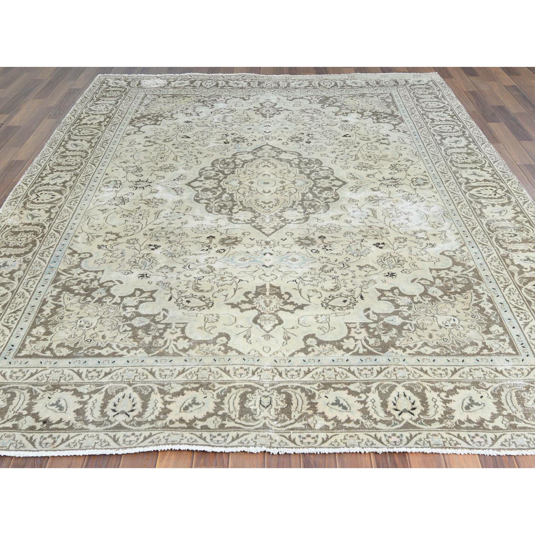7'7"x10'1" Ivory, Hand Knotted, Vintage Persian Kashan with All Over Design, Distressed Look, Worn Wool, Oriental Rug Sh61503