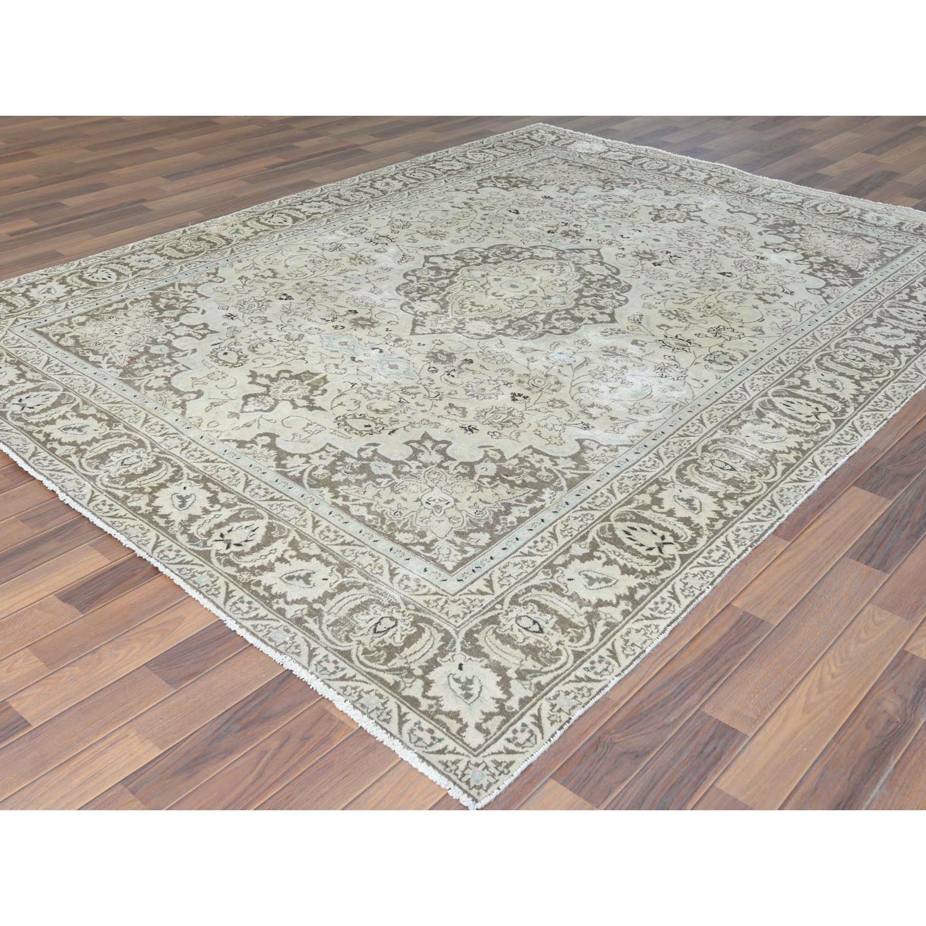 7'7"x10'1" Ivory, Hand Knotted, Vintage Persian Kashan with All Over Design, Distressed Look, Worn Wool, Oriental Rug Sh61503