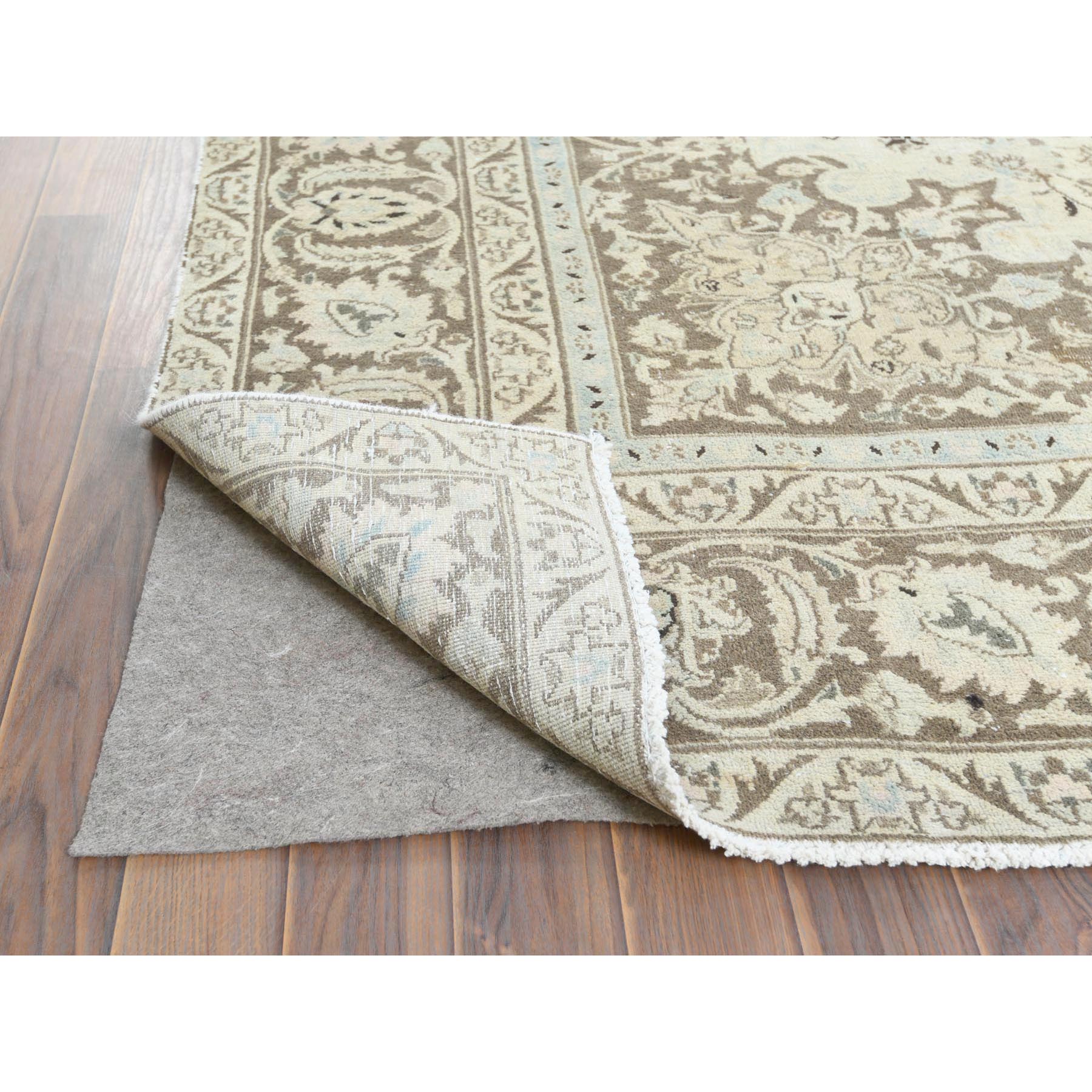 7'7"x10'1" Ivory, Hand Knotted, Vintage Persian Kashan with All Over Design, Distressed Look, Worn Wool, Oriental Rug Sh61503
