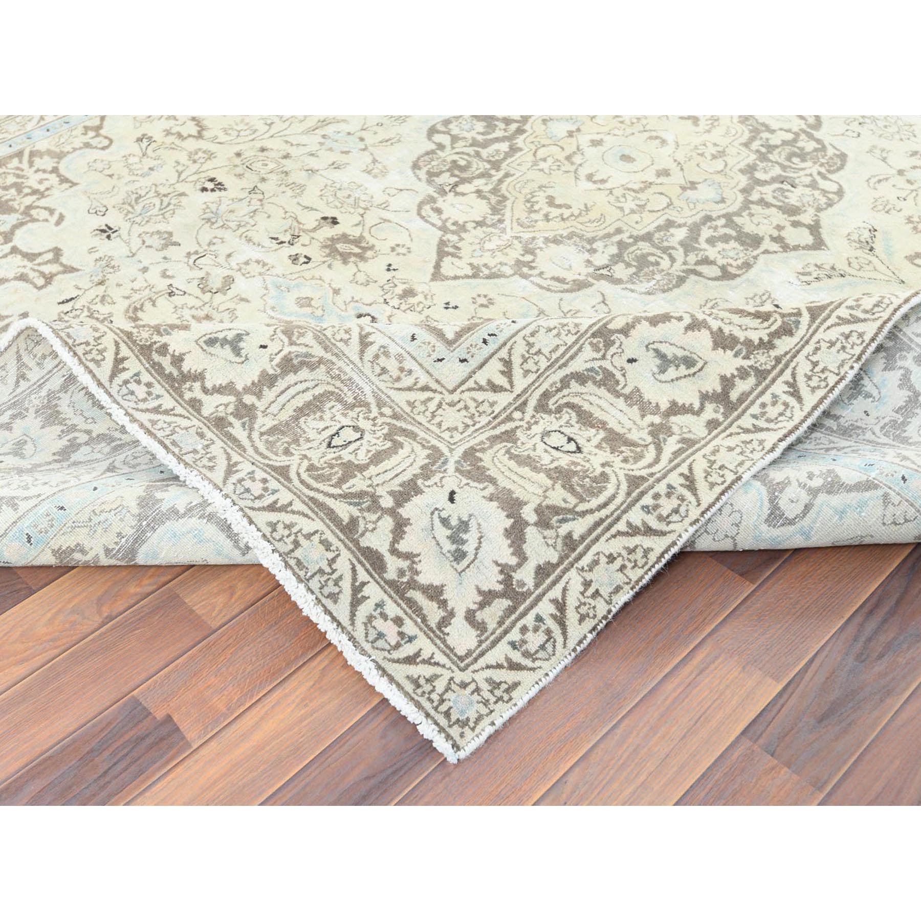 7'7"x10'1" Ivory, Hand Knotted, Vintage Persian Kashan with All Over Design, Distressed Look, Worn Wool, Oriental Rug Sh61503