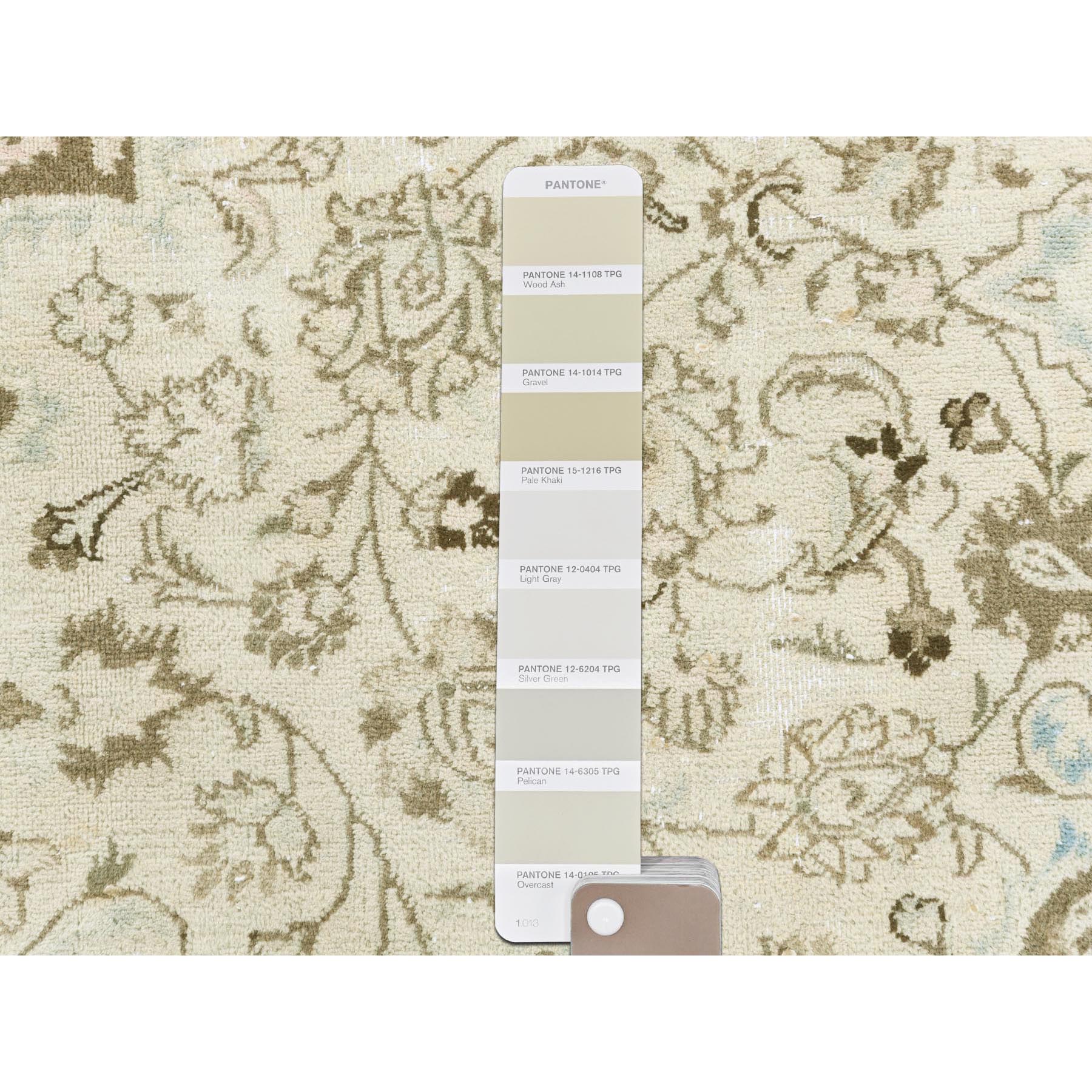 7'7"x10'1" Ivory, Hand Knotted, Vintage Persian Kashan with All Over Design, Distressed Look, Worn Wool, Oriental Rug Sh61503