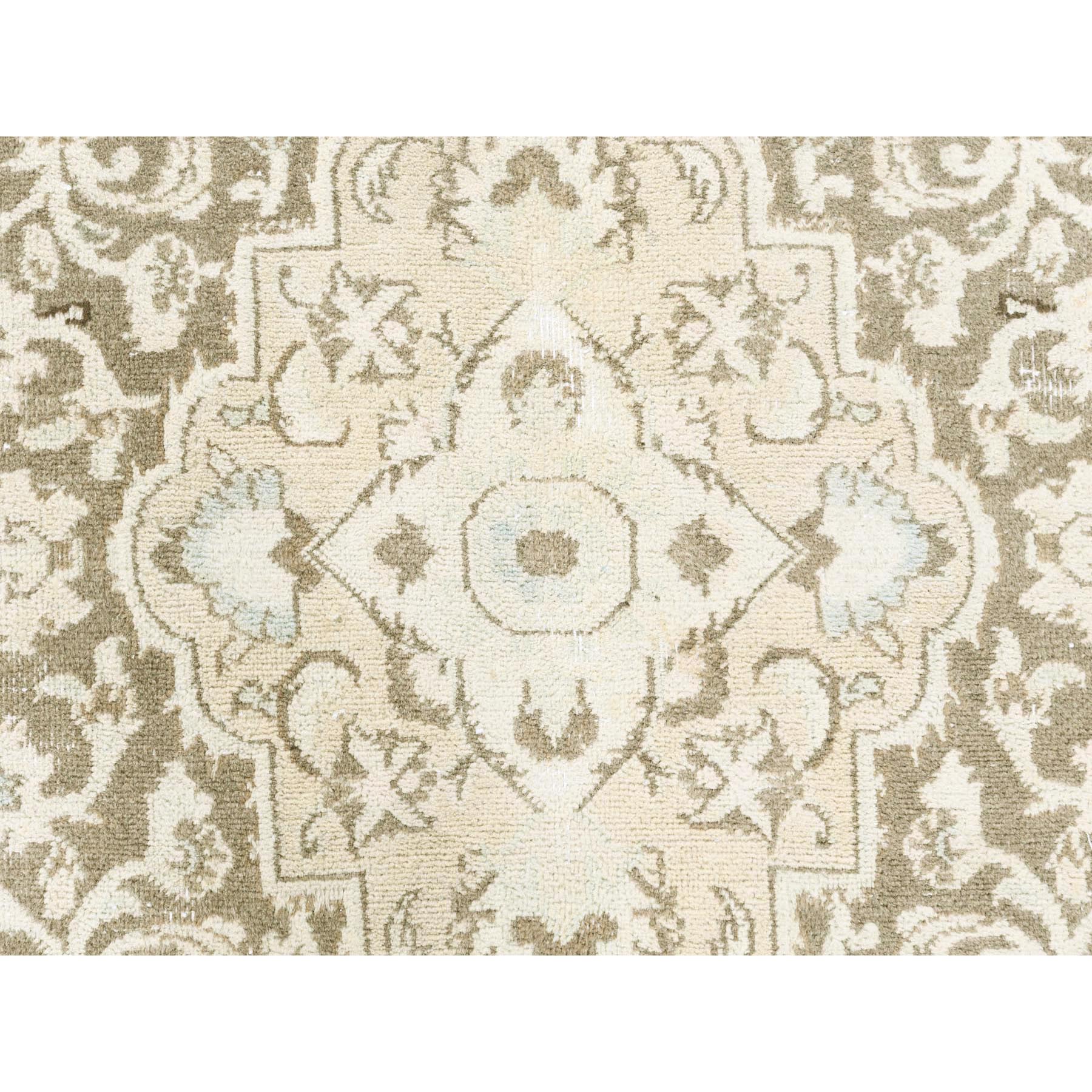 7'7"x10'1" Ivory, Hand Knotted, Vintage Persian Kashan with All Over Design, Distressed Look, Worn Wool, Oriental Rug Sh61503
