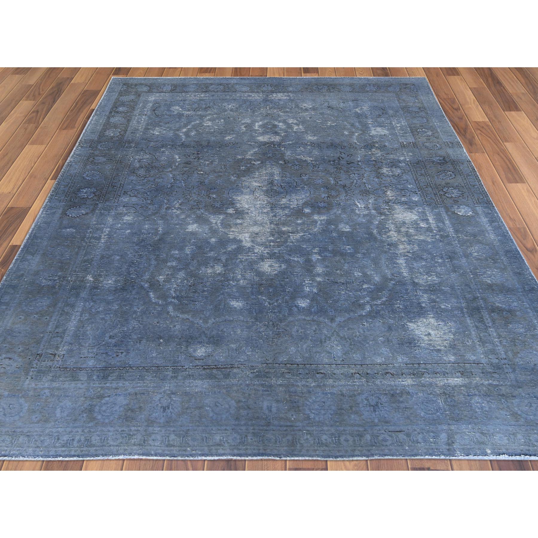 7'2"x10'4" Distressed Worn Wool Shaved Down Hand Knotted Dark Gray Vintage Overdyed Persian Tabriz Oriental Rug Sh61597