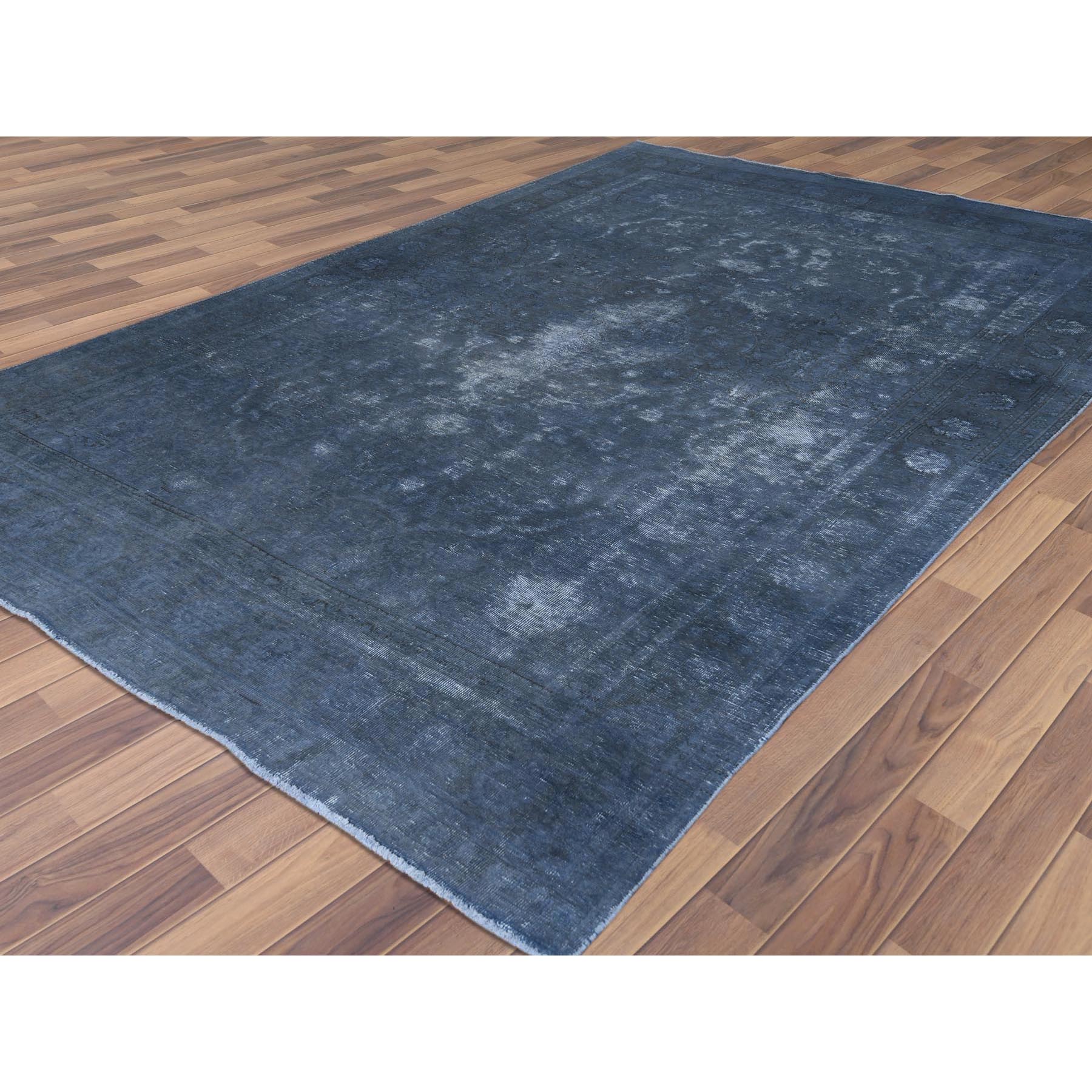 7'2"x10'4" Distressed Worn Wool Shaved Down Hand Knotted Dark Gray Vintage Overdyed Persian Tabriz Oriental Rug Sh61597