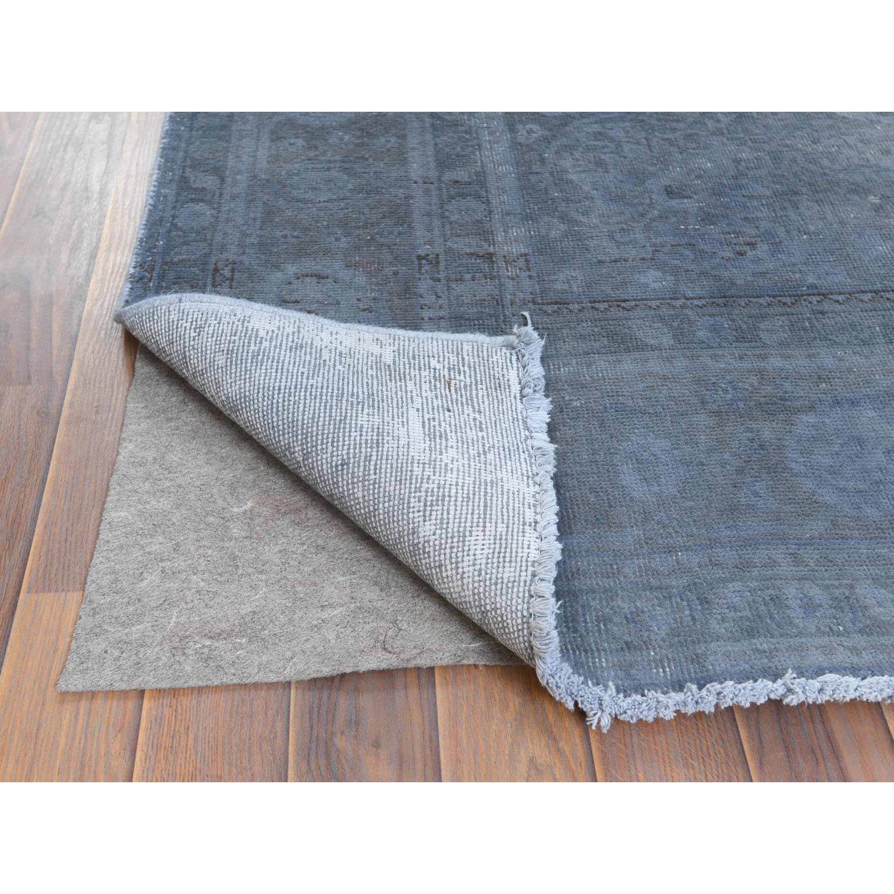 7'2"x10'4" Distressed Worn Wool Shaved Down Hand Knotted Dark Gray Vintage Overdyed Persian Tabriz Oriental Rug Sh61597