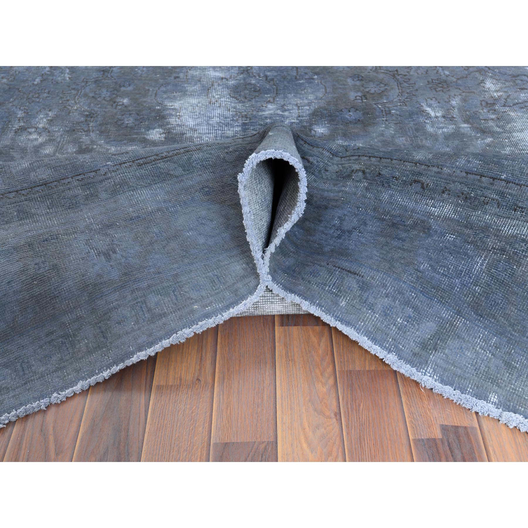 7'2"x10'4" Distressed Worn Wool Shaved Down Hand Knotted Dark Gray Vintage Overdyed Persian Tabriz Oriental Rug Sh61597