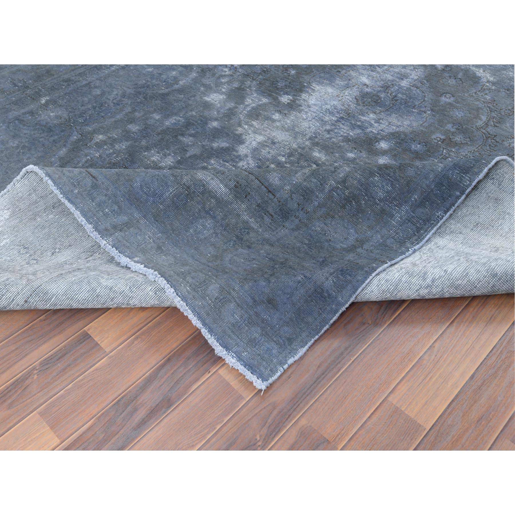 7'2"x10'4" Distressed Worn Wool Shaved Down Hand Knotted Dark Gray Vintage Overdyed Persian Tabriz Oriental Rug Sh61597
