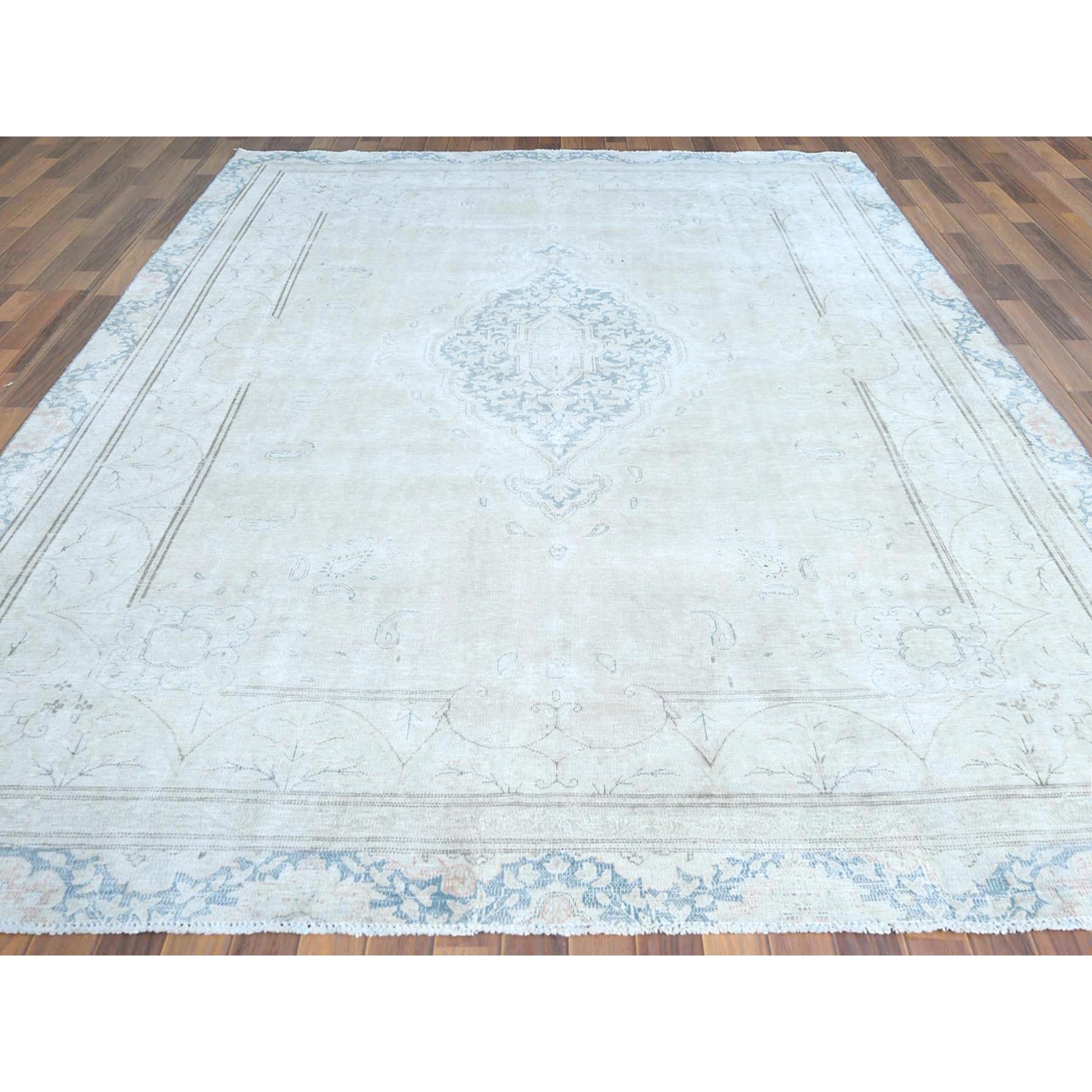 8'3"x11'1" Hand Knotted, Ivory, Vintage, Persian Kerman, Distressed Look, Worn Wool, Shaved Down, Oriental Rug Sh61708