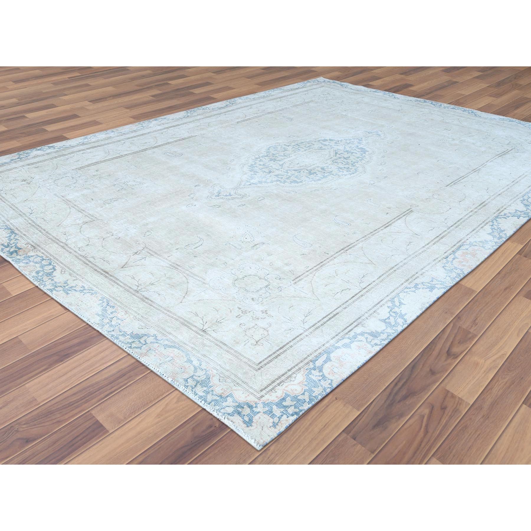 8'3"x11'1" Hand Knotted, Ivory, Vintage, Persian Kerman, Distressed Look, Worn Wool, Shaved Down, Oriental Rug Sh61708