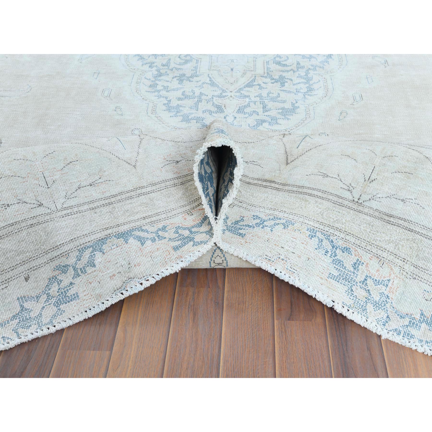 8'3"x11'1" Hand Knotted, Ivory, Vintage, Persian Kerman, Distressed Look, Worn Wool, Shaved Down, Oriental Rug Sh61708