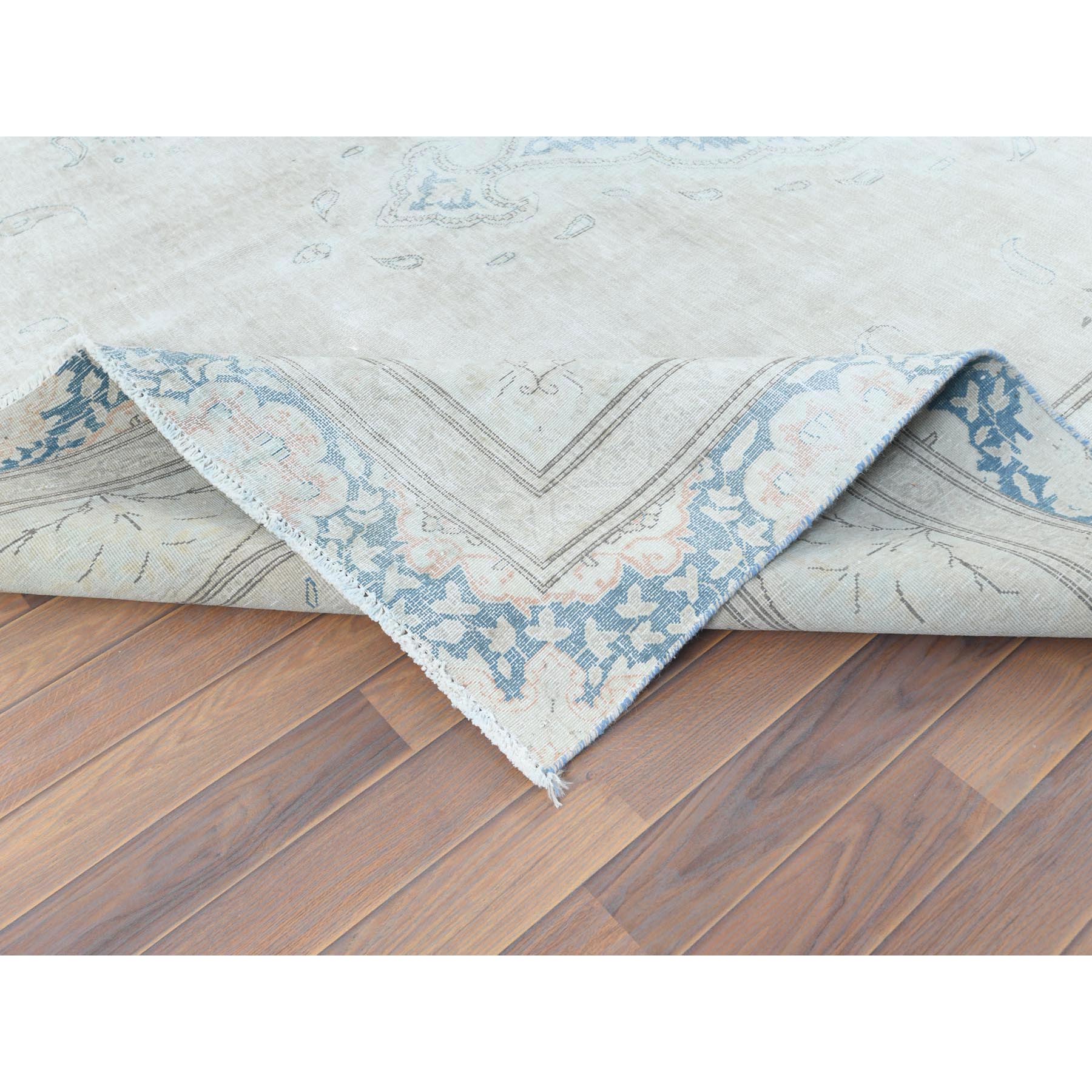 8'3"x11'1" Hand Knotted, Ivory, Vintage, Persian Kerman, Distressed Look, Worn Wool, Shaved Down, Oriental Rug Sh61708
