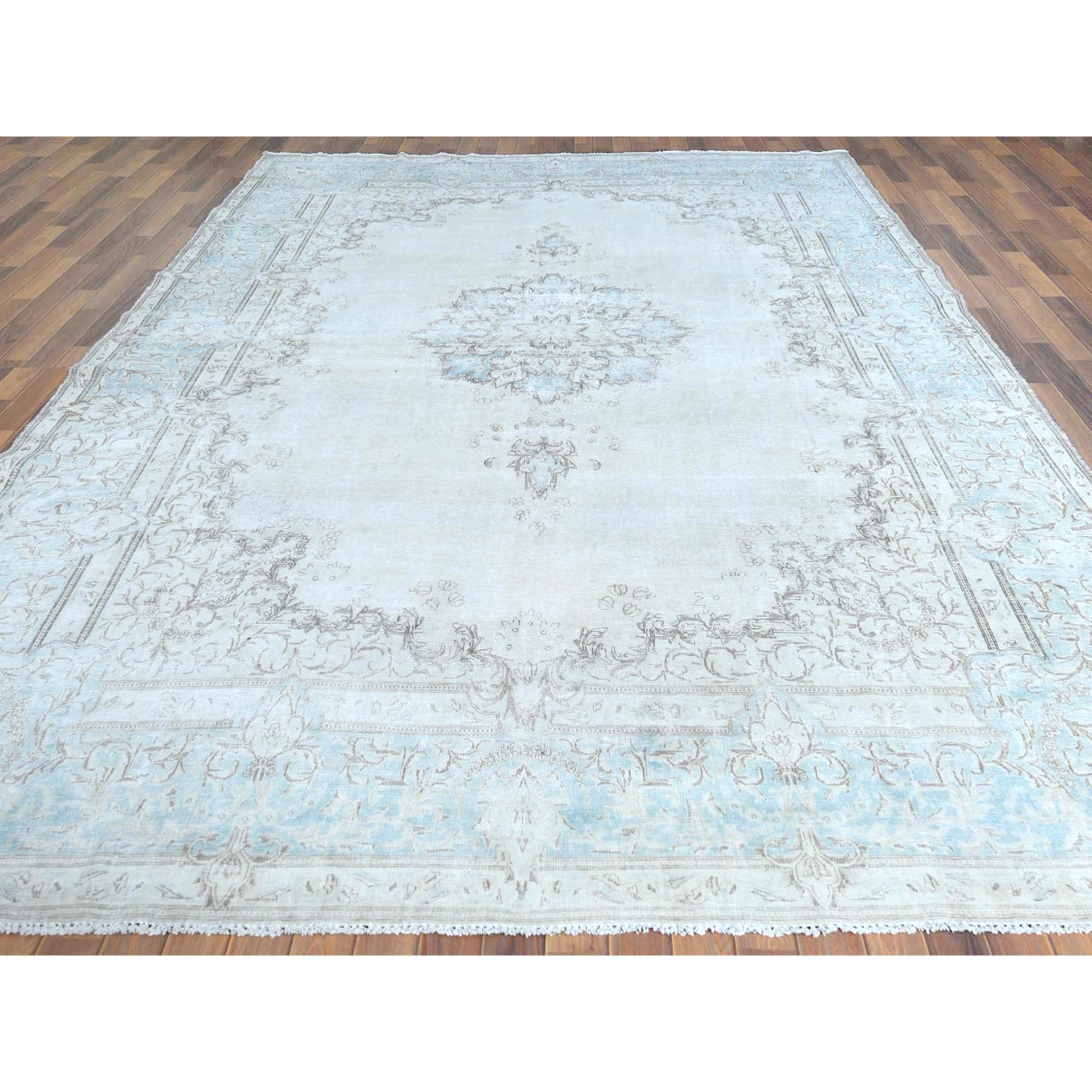 9'1"x13'4" Vintage Persian Kerman, Distressed Look, Worn Wool, Sheared Low, Hand Knotted, Ivory, Oriental Rug Sh61712