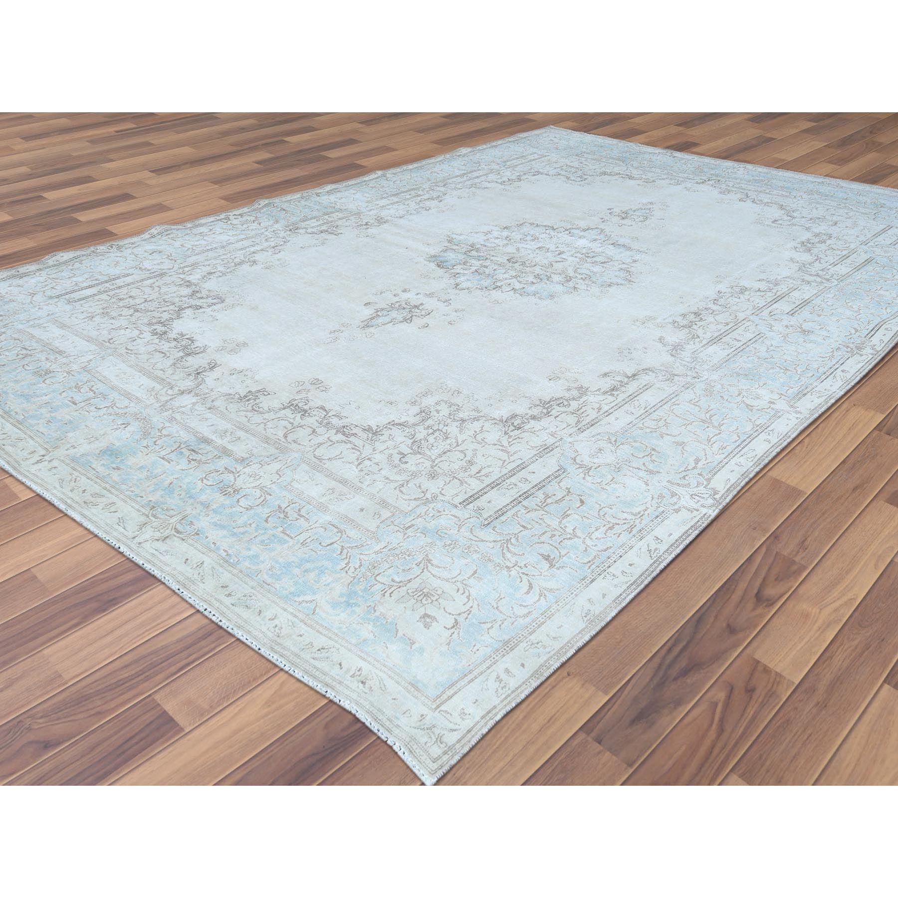 9'1"x13'4" Vintage Persian Kerman, Distressed Look, Worn Wool, Sheared Low, Hand Knotted, Ivory, Oriental Rug Sh61712
