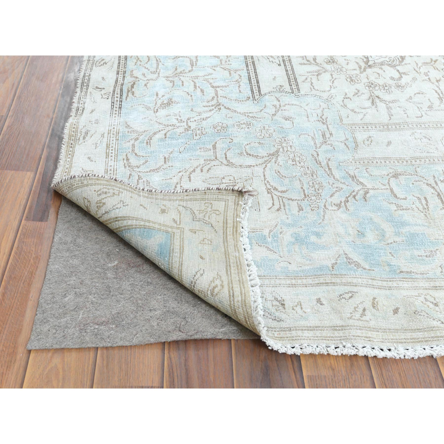 9'1"x13'4" Vintage Persian Kerman, Distressed Look, Worn Wool, Sheared Low, Hand Knotted, Ivory, Oriental Rug Sh61712