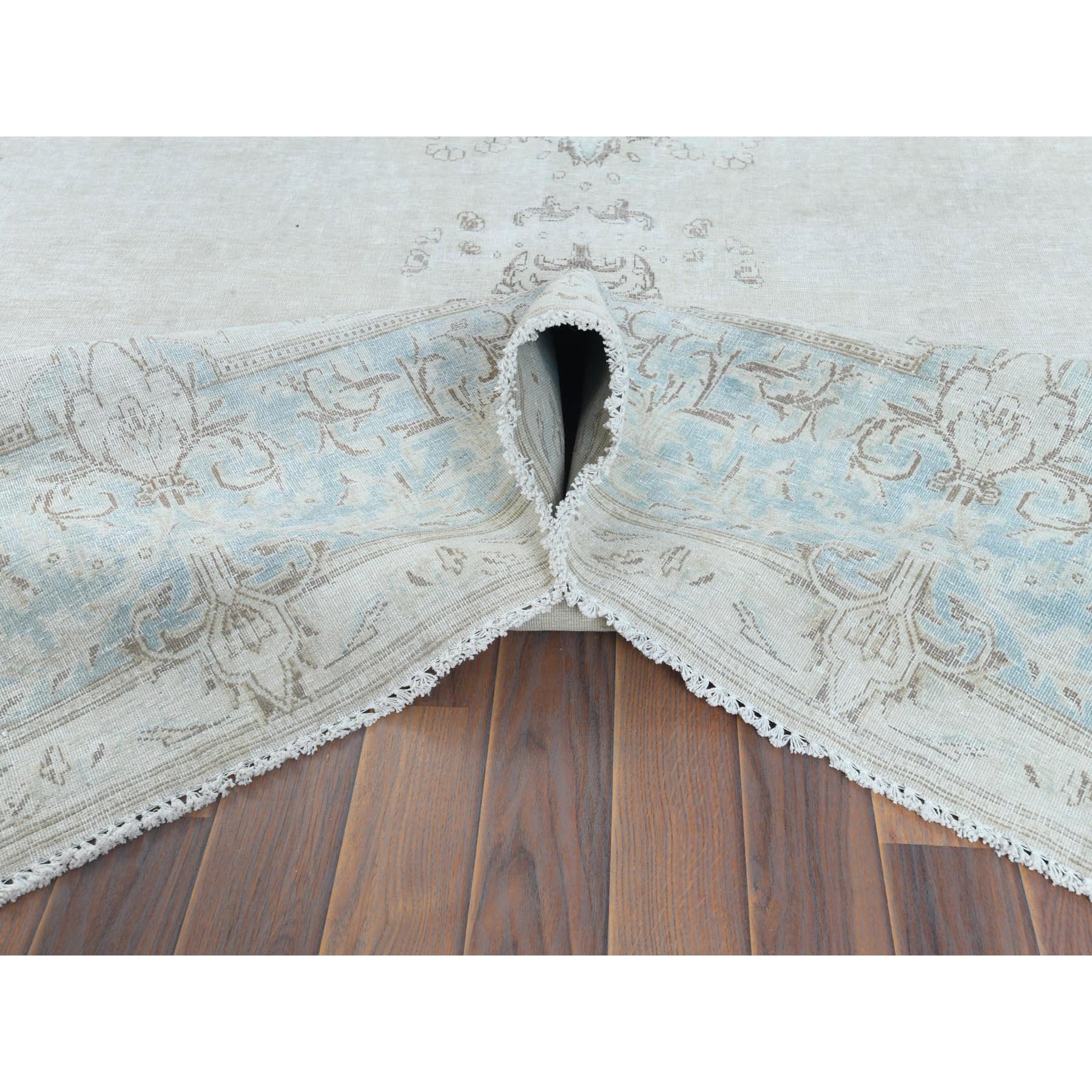 9'1"x13'4" Vintage Persian Kerman, Distressed Look, Worn Wool, Sheared Low, Hand Knotted, Ivory, Oriental Rug Sh61712