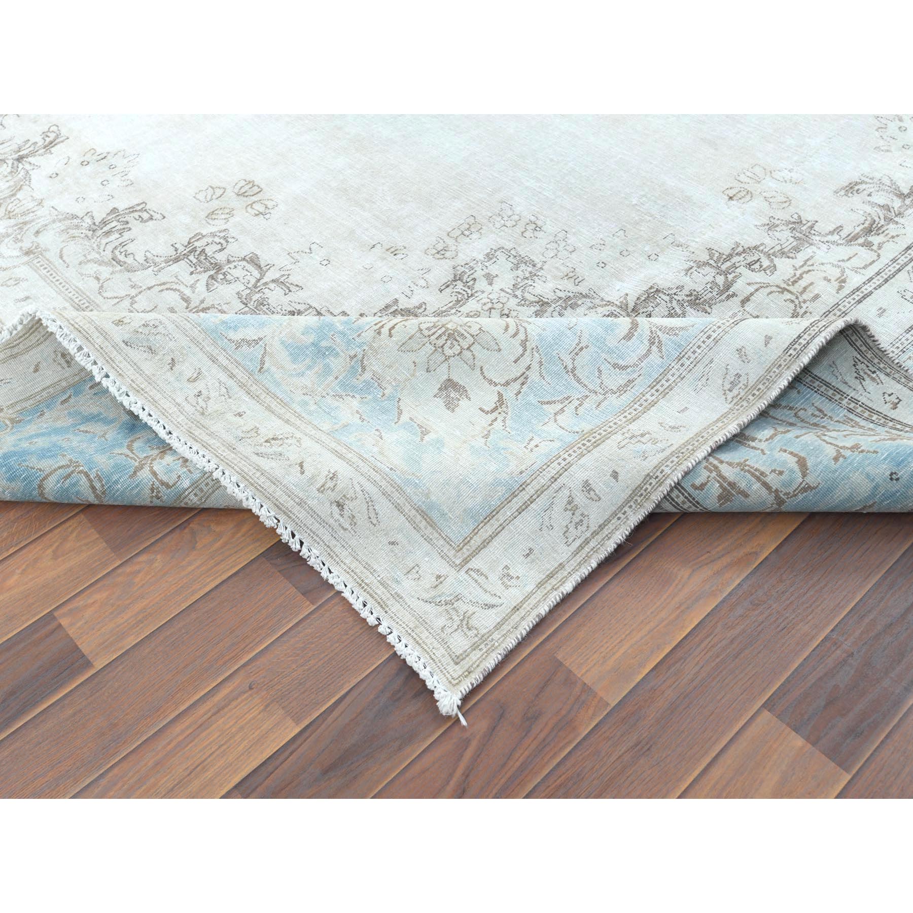 9'1"x13'4" Vintage Persian Kerman, Distressed Look, Worn Wool, Sheared Low, Hand Knotted, Ivory, Oriental Rug Sh61712