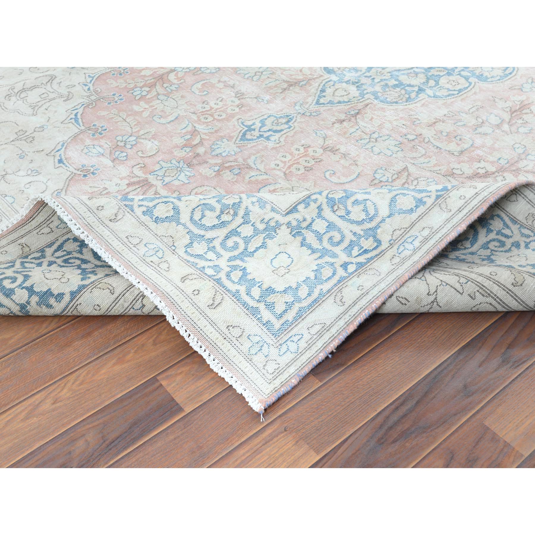 7'x10'4" Worn Wool, Cropped Thin, Hand Knotted, Faded Red, Vintage Persian Kerman, Distressed Look, Oriental Rug Sh61719