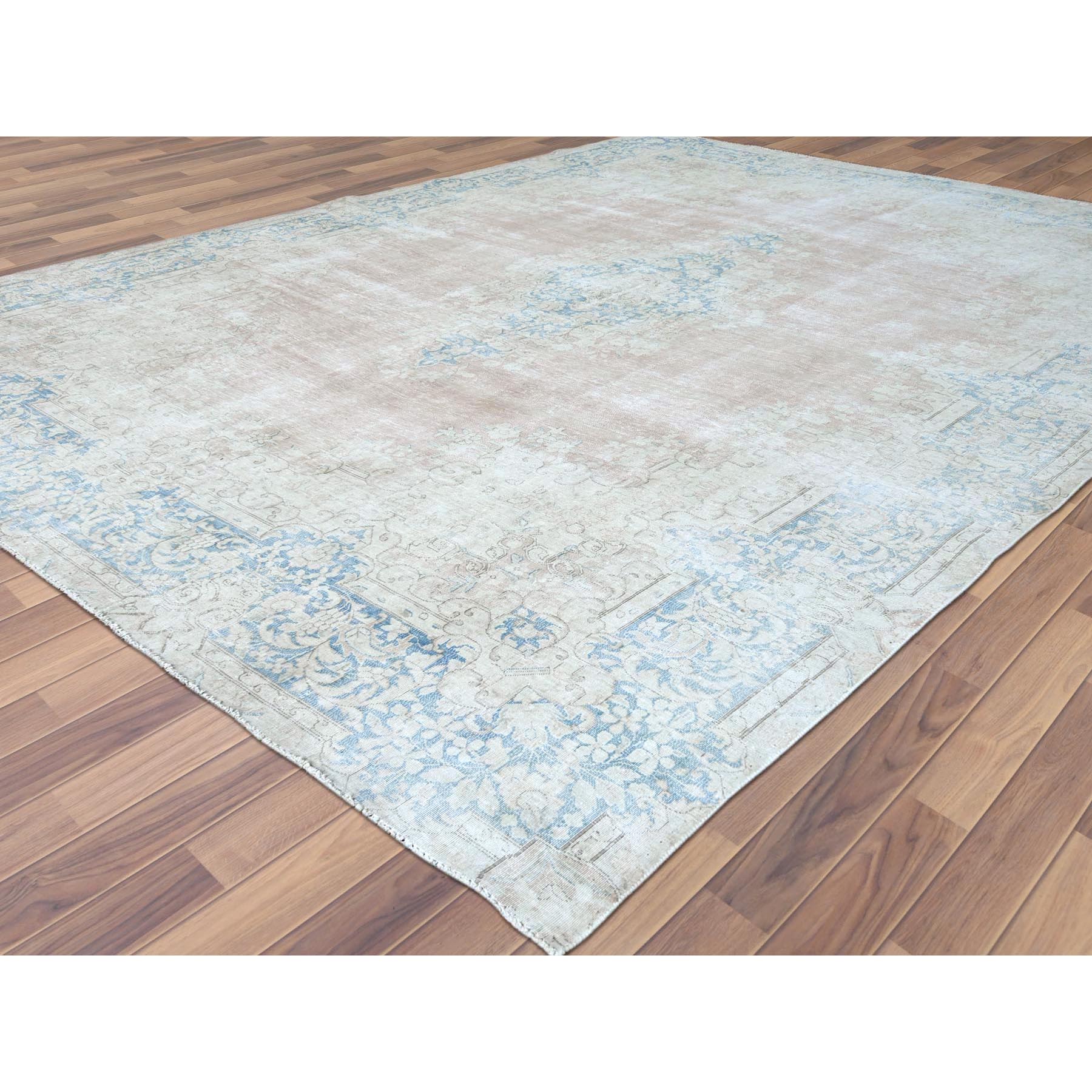 9'8"x12'9" Faded Champagne, Vintage Persian Kerman, Distressed Look, Worn Wool, Cropped Thin, Hand Knotted, Oriental Rug Sh61728