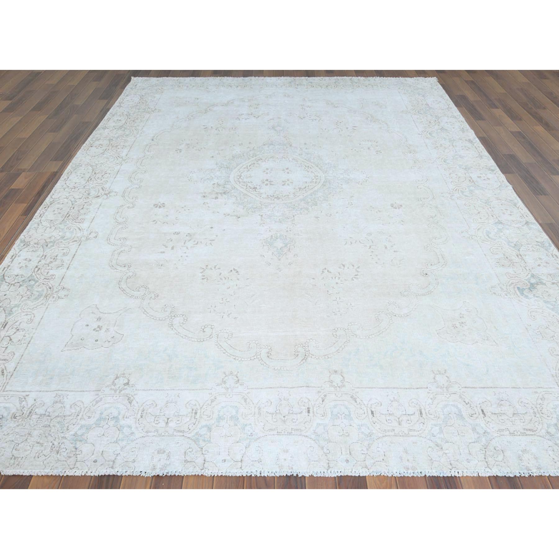 8'8"x12' Cropped Thin, Hand Knotted, Ivory, Vintage Persian Kerman, Distressed Look, Worn Wool, Oriental Rug Sh61734