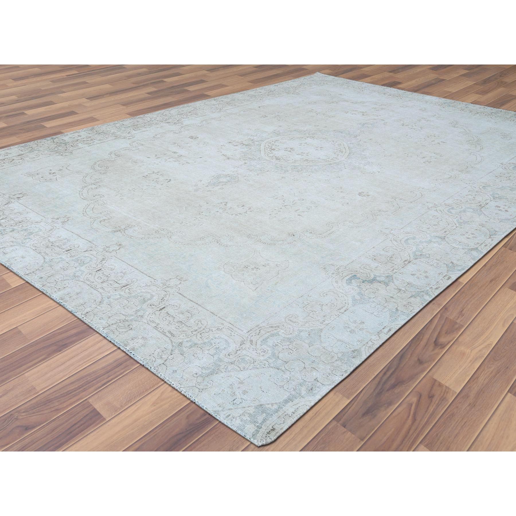 8'8"x12' Cropped Thin, Hand Knotted, Ivory, Vintage Persian Kerman, Distressed Look, Worn Wool, Oriental Rug Sh61734